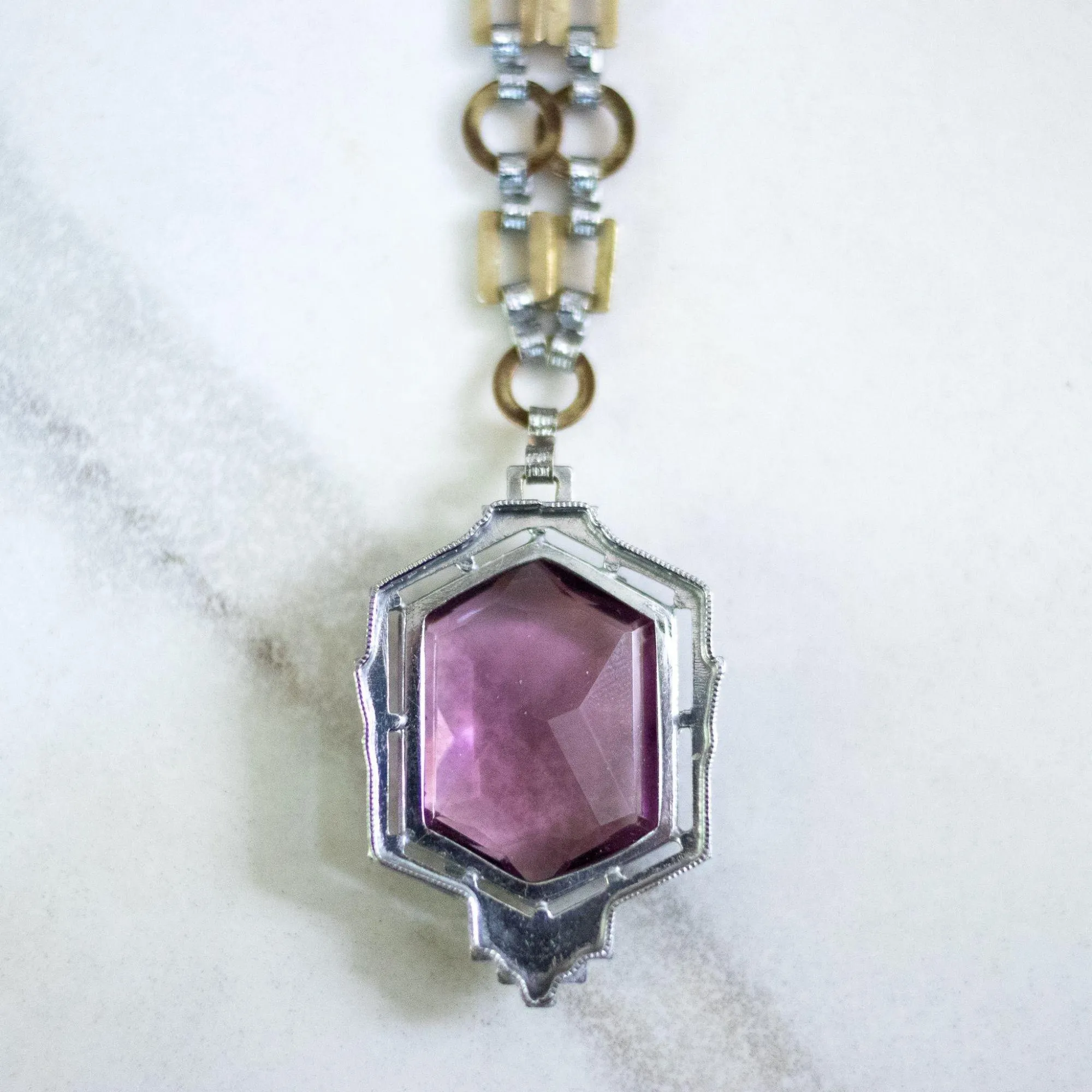Vintage Art Deco Sterling Silver and Gold Wash Amethyst Crystal Necklace