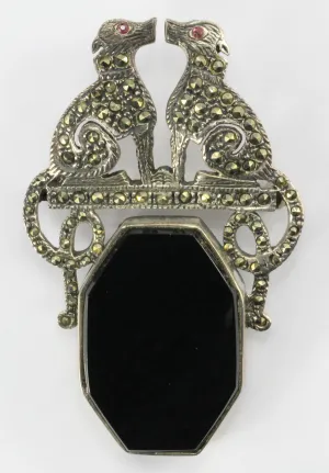 Vintage Art Deco Sterling Silver Marcasite & Onyx Greyhound Dog Brooch Pin