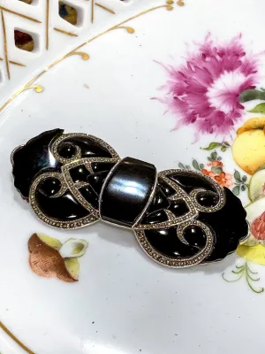 Vintage Art Deco Style Sterling Silver Marcasite Black Onyx Large Bow Brooch Pin