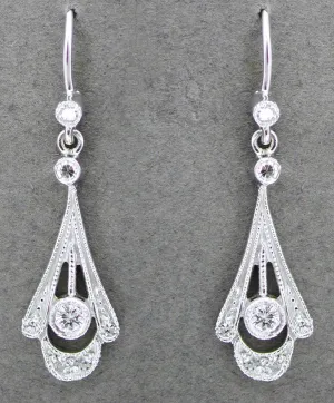 Vintage Inspired 1920's Art Deco 18 Karat White Gold and Diamond Drop Earrings