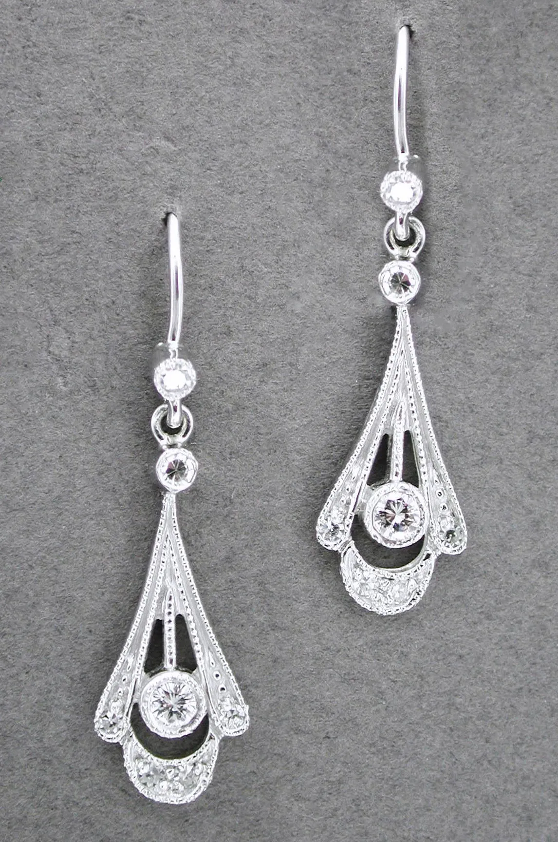 Vintage Inspired 1920's Art Deco 18 Karat White Gold and Diamond Drop Earrings