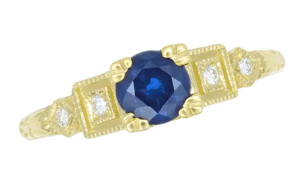 Vintage Inspired Art Deco 18K Yellow Gold Blue Sapphire and Diamonds Engagement Ring