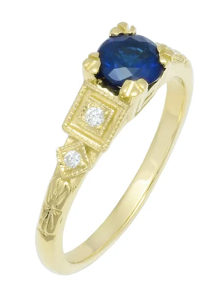 Vintage Inspired Art Deco 18K Yellow Gold Blue Sapphire and Diamonds Engagement Ring