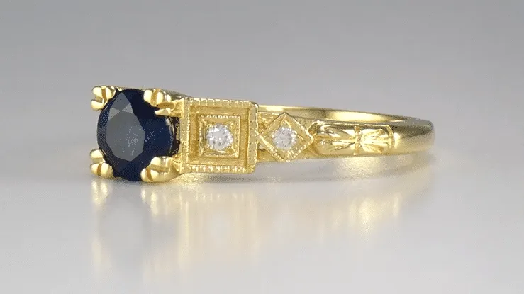 Vintage Inspired Art Deco 18K Yellow Gold Blue Sapphire and Diamonds Engagement Ring
