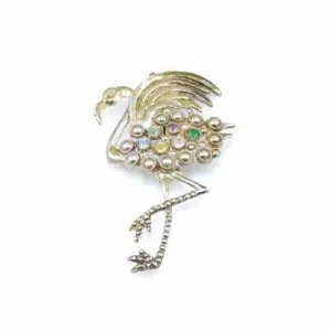 Vintage Large Colored Rhinestone Flamingo Brooch 1930s