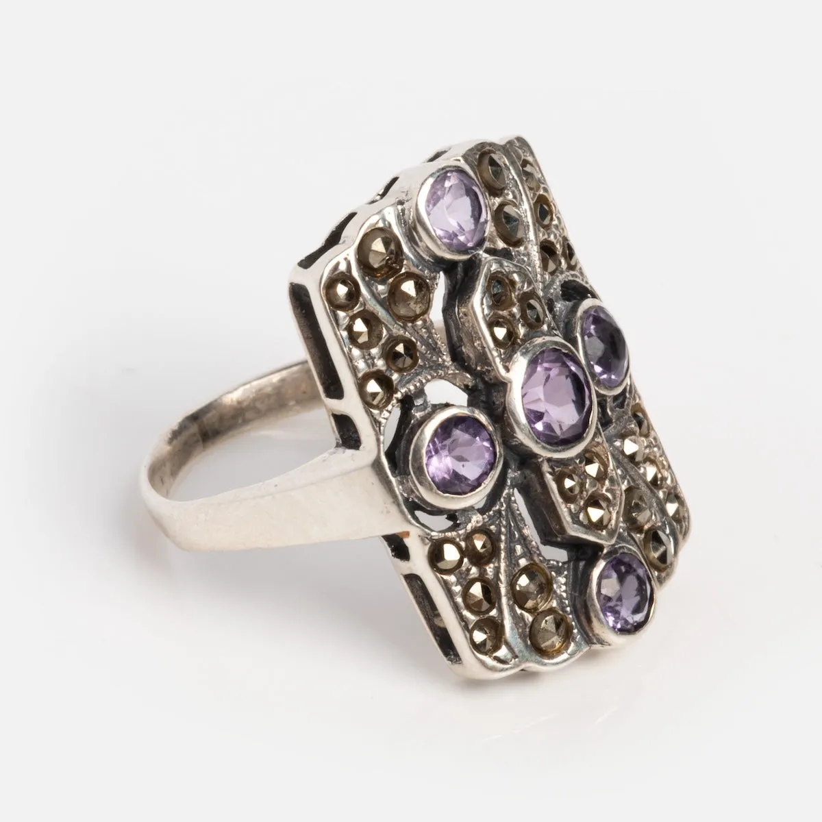 Vintage Silver Amethyst Mid Century Art Deco Ring