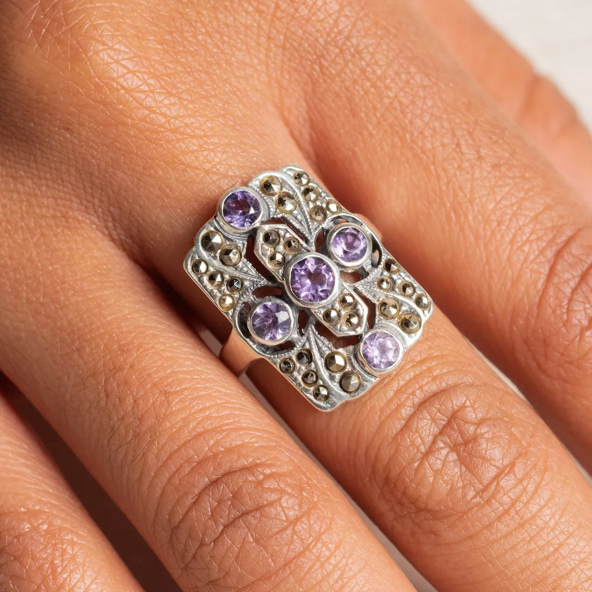 Vintage Silver Amethyst Mid Century Art Deco Ring