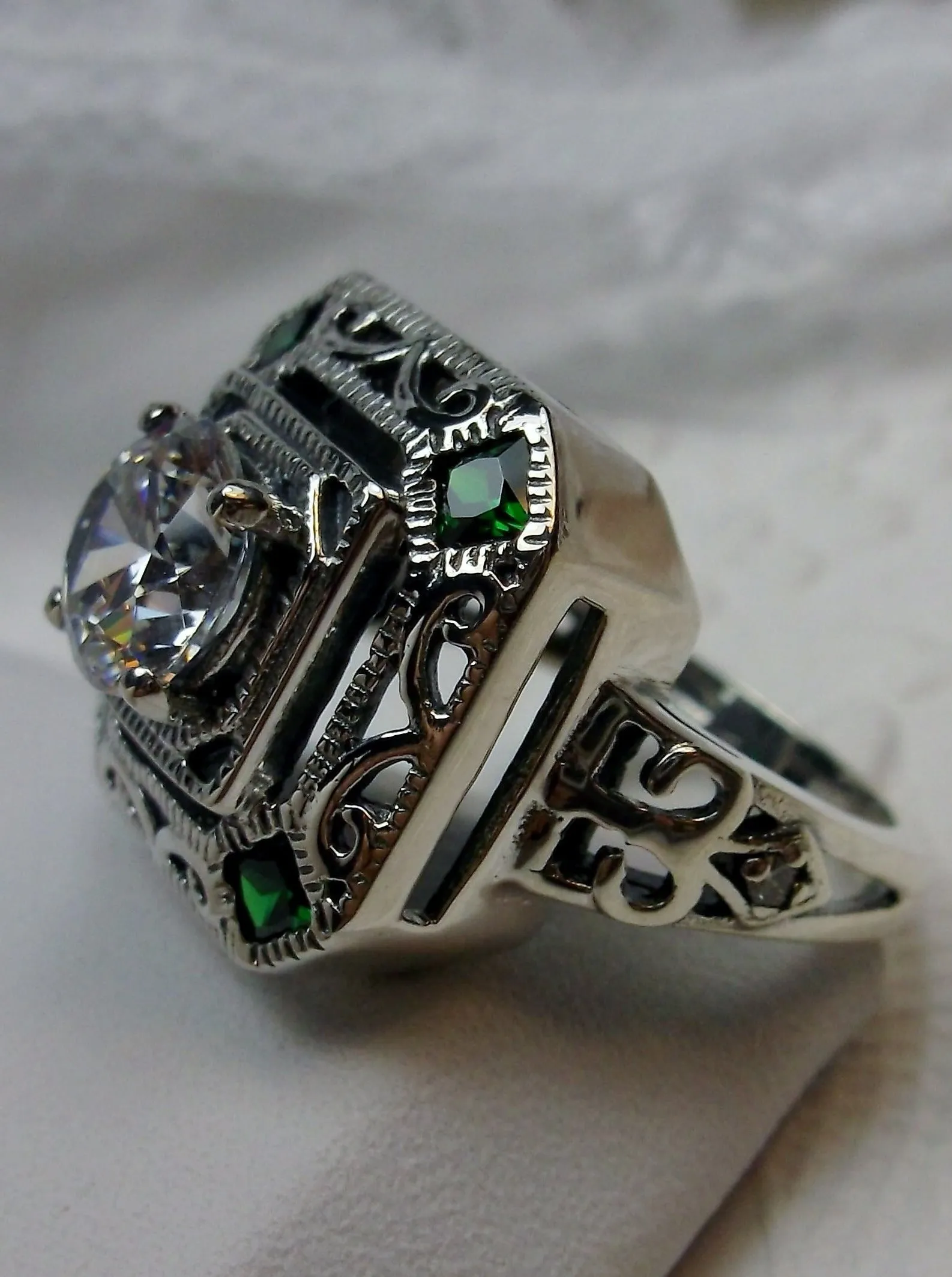 White CZ & Emerald Art Deco Ring, Size 5, Vintage Revival Jewelry #D68 - Ready to Ship