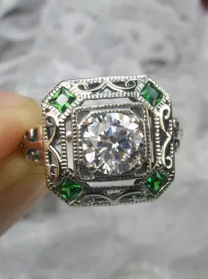 White CZ & Emerald Art Deco Ring, Size 5, Vintage Revival Jewelry #D68 - Ready to Ship