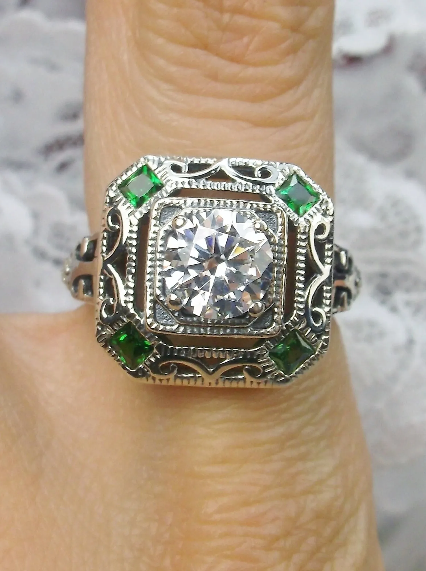 White CZ & Emerald Art Deco Ring, Size 5, Vintage Revival Jewelry #D68 - Ready to Ship