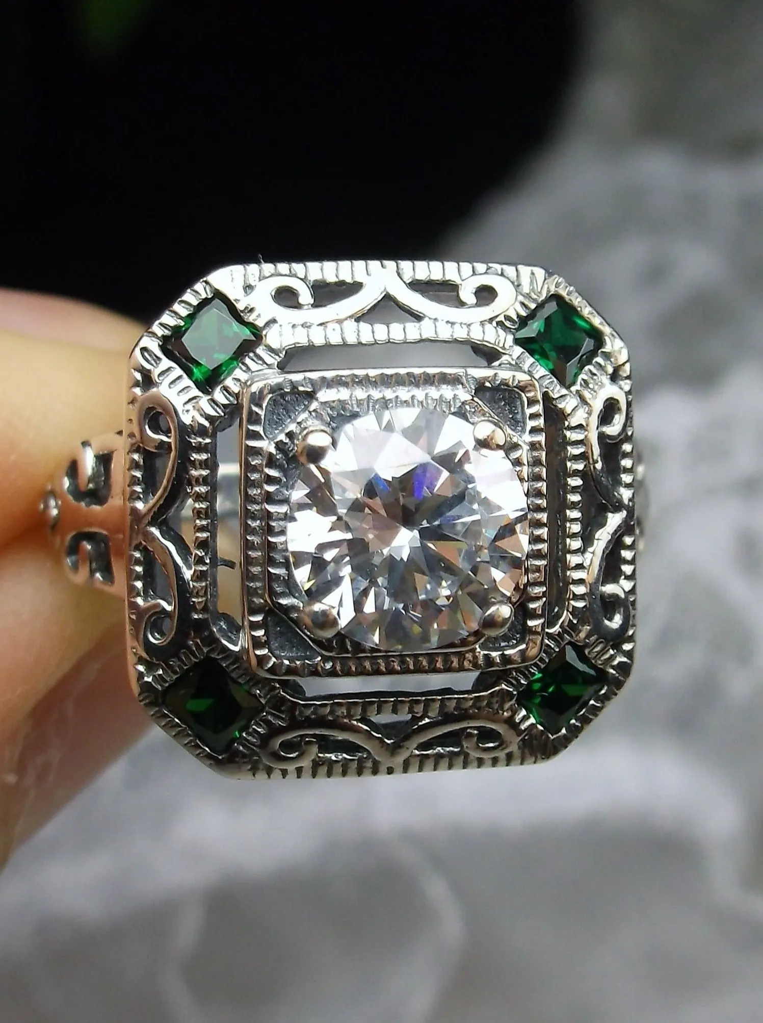 White CZ & Emerald Art Deco Ring, Size 5, Vintage Revival Jewelry #D68 - Ready to Ship