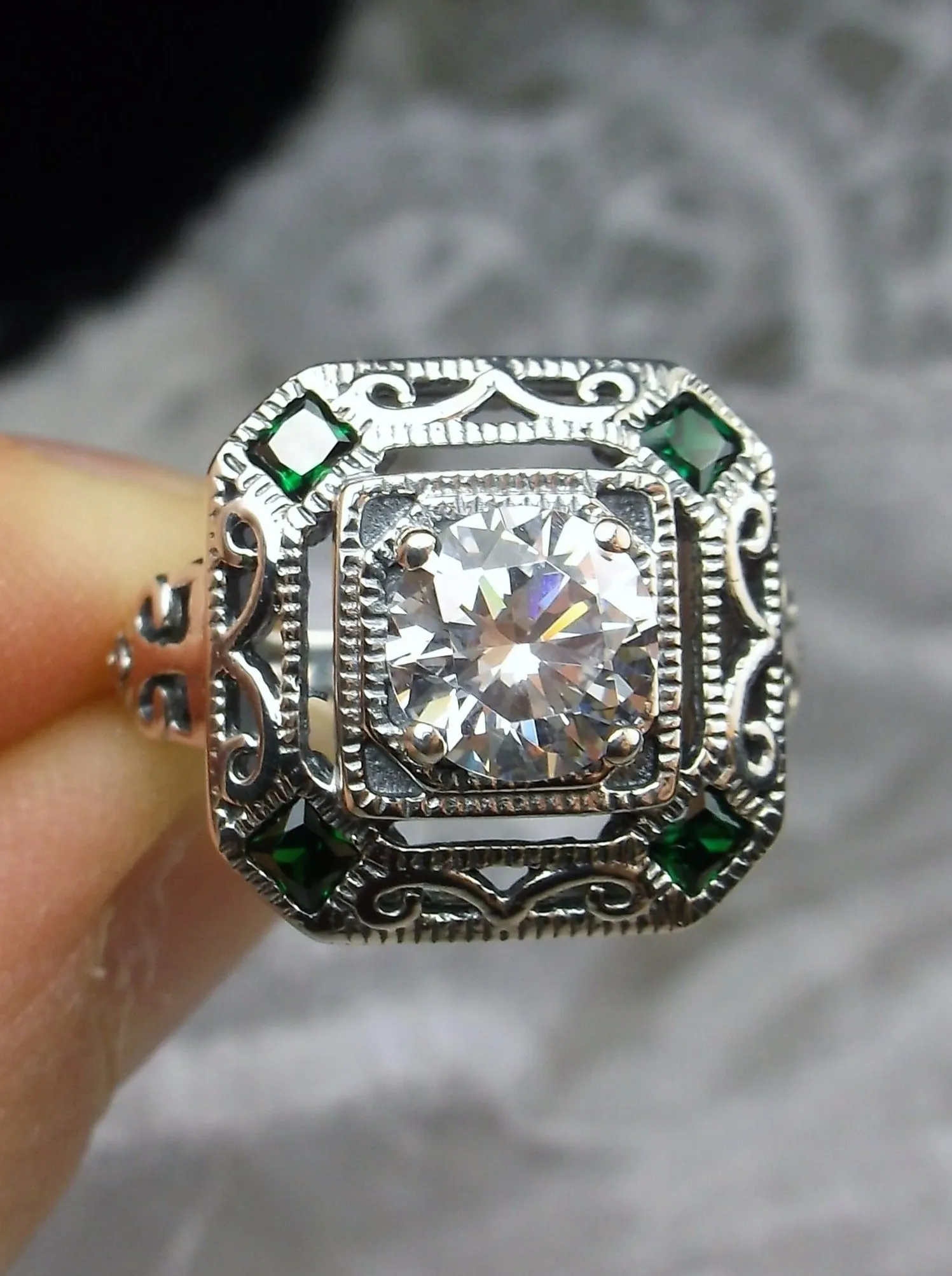 White CZ & Emerald Art Deco Ring, Size 5, Vintage Revival Jewelry #D68 - Ready to Ship