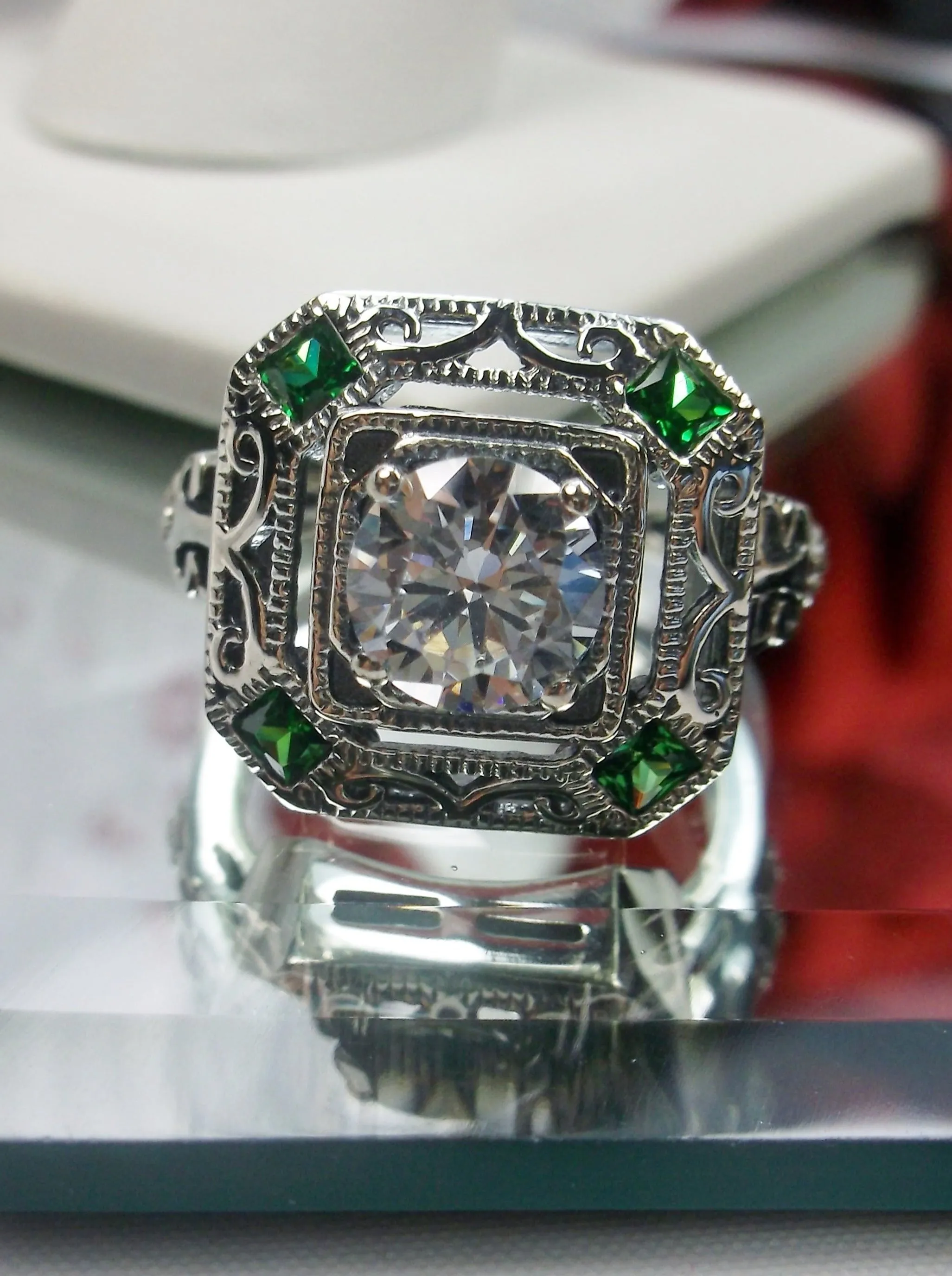 White CZ & Emerald Art Deco Ring, Size 6, Vintage Revival Jewelry #D68 - Ready to Ship