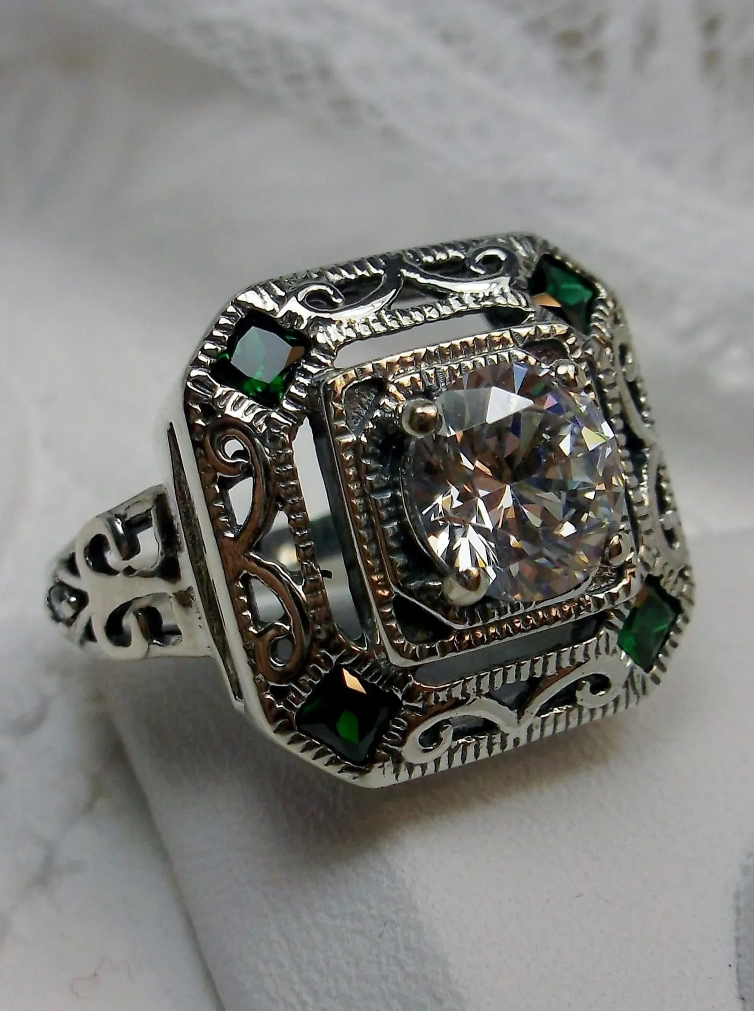 White CZ & Emerald Art Deco Ring, Size 6, Vintage Revival Jewelry #D68 - Ready to Ship