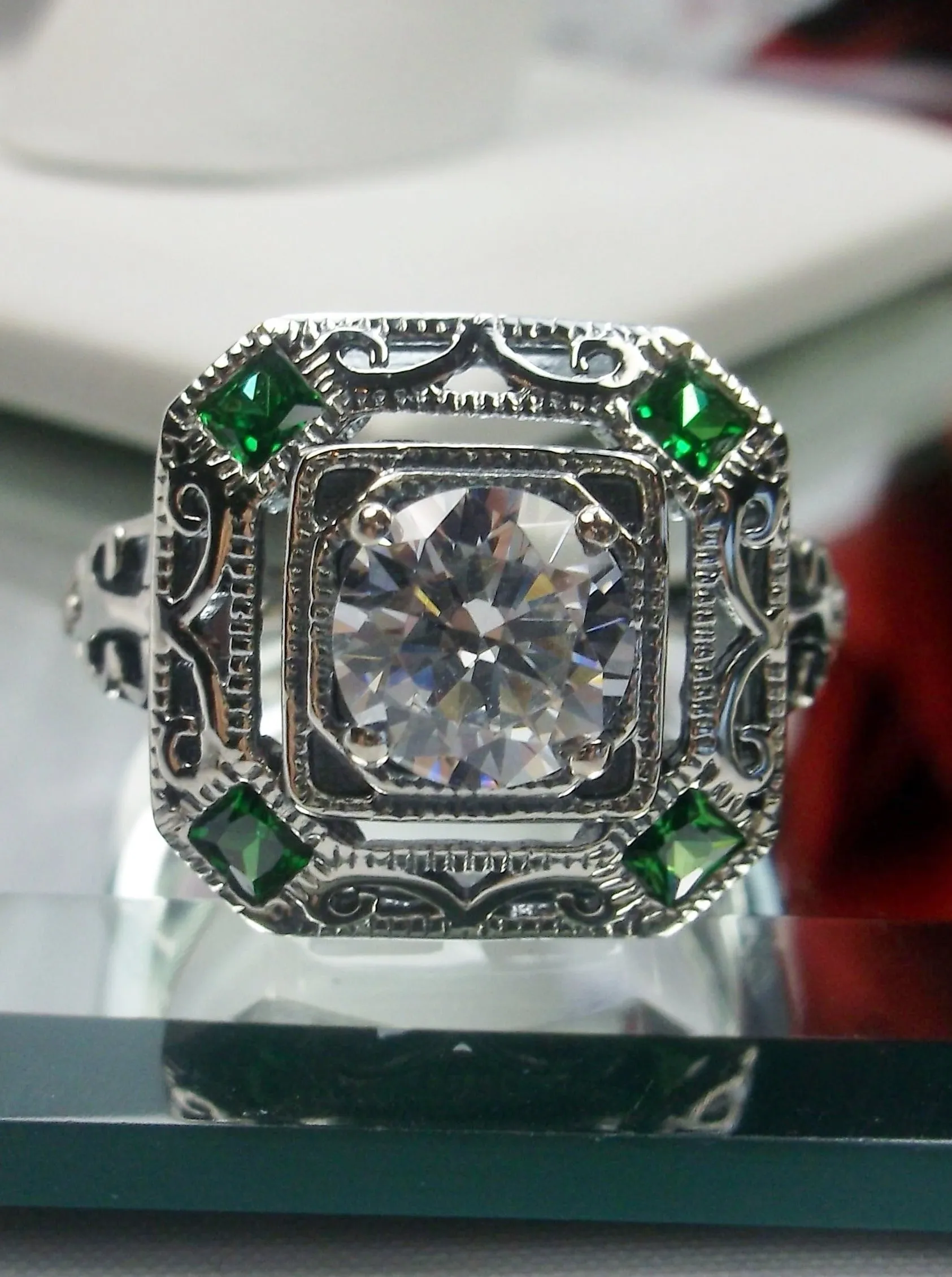 White CZ & Emerald Art Deco Ring, Size 6, Vintage Revival Jewelry #D68 - Ready to Ship
