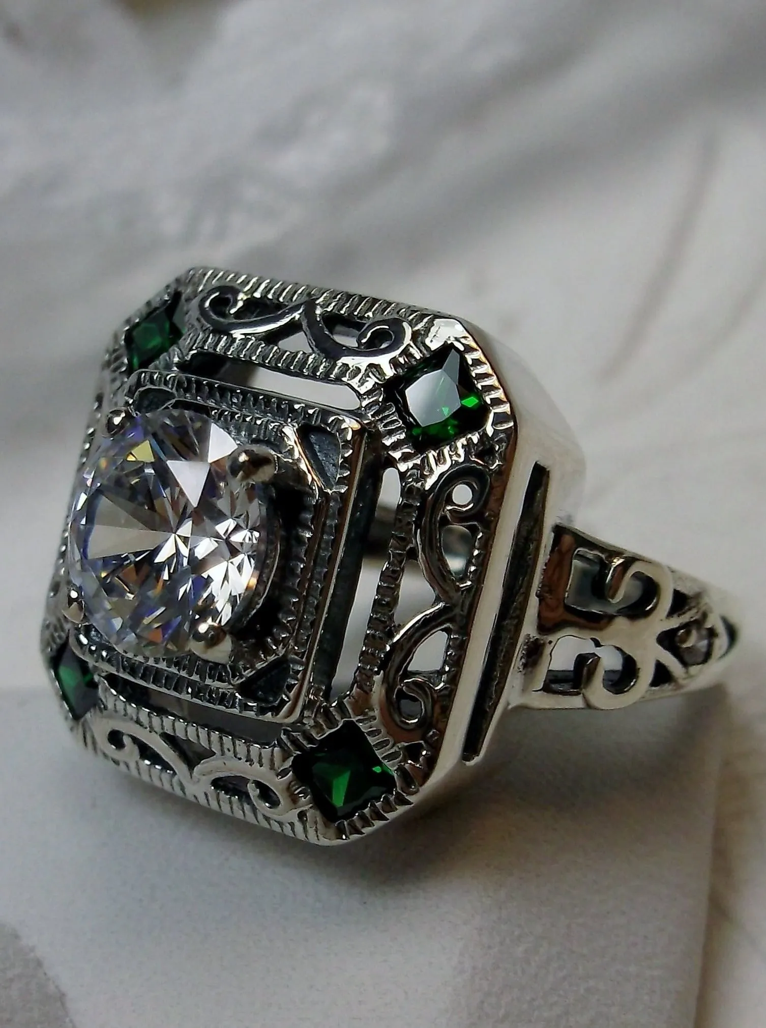 White CZ & Emerald Art Deco Ring, Size 6, Vintage Revival Jewelry #D68 - Ready to Ship