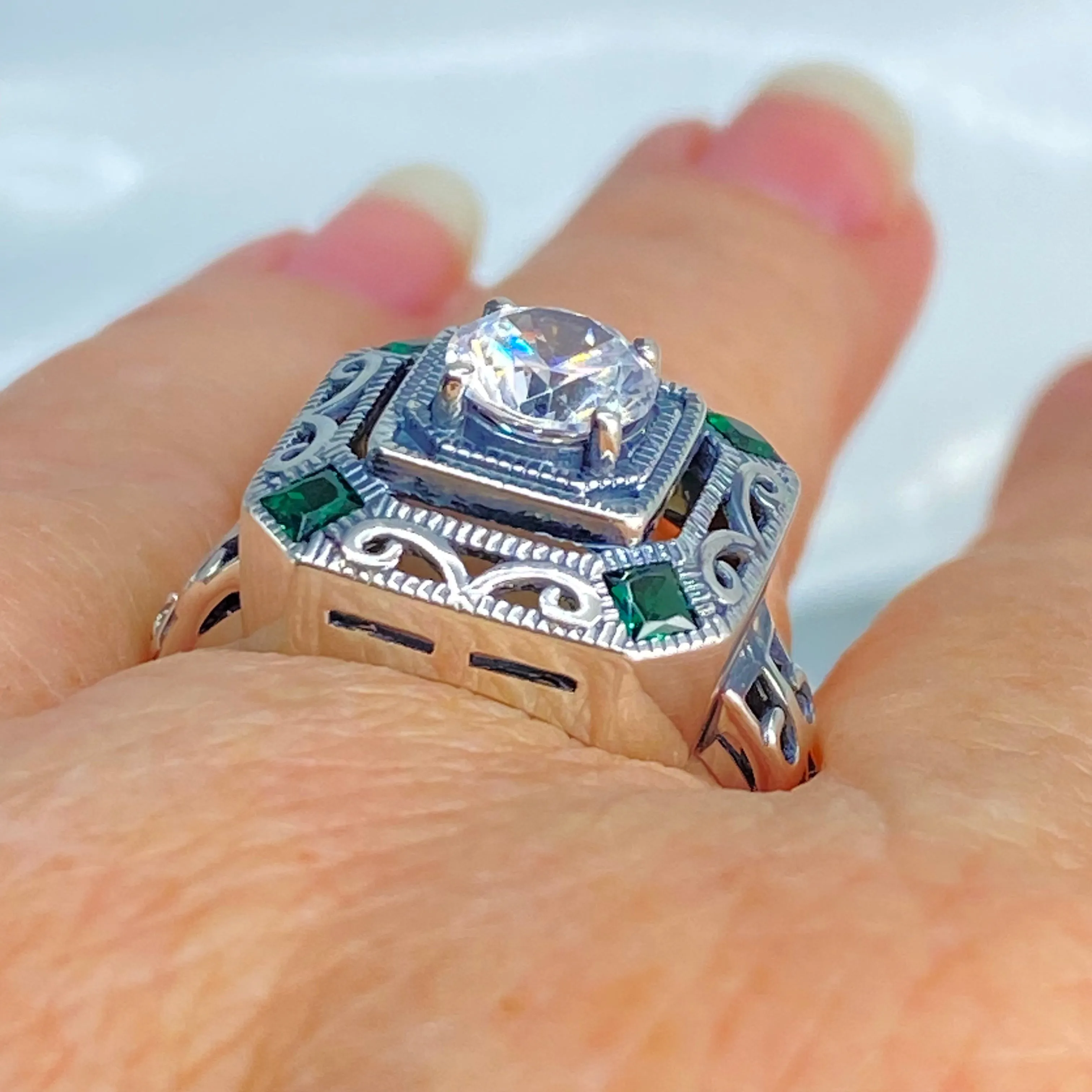 White CZ & Emerald Art Deco Ring, Size 9.5, Vintage Revival Jewelry #D68 - Ready to Ship