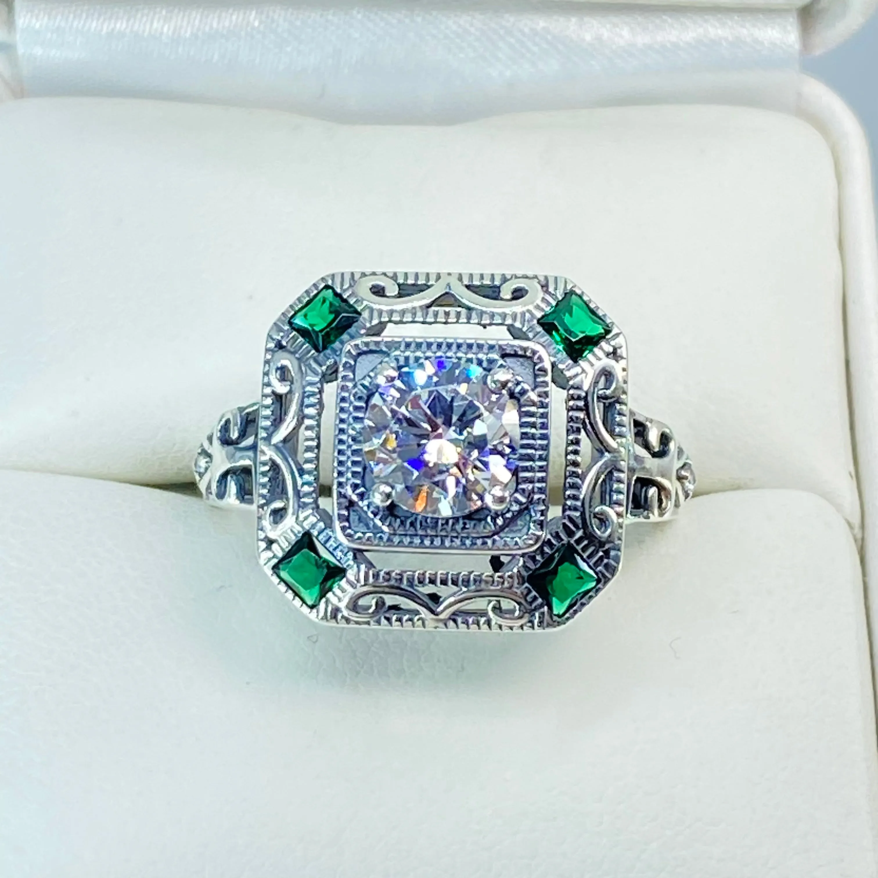 White CZ & Emerald Art Deco Ring, Size 9.5, Vintage Revival Jewelry #D68 - Ready to Ship