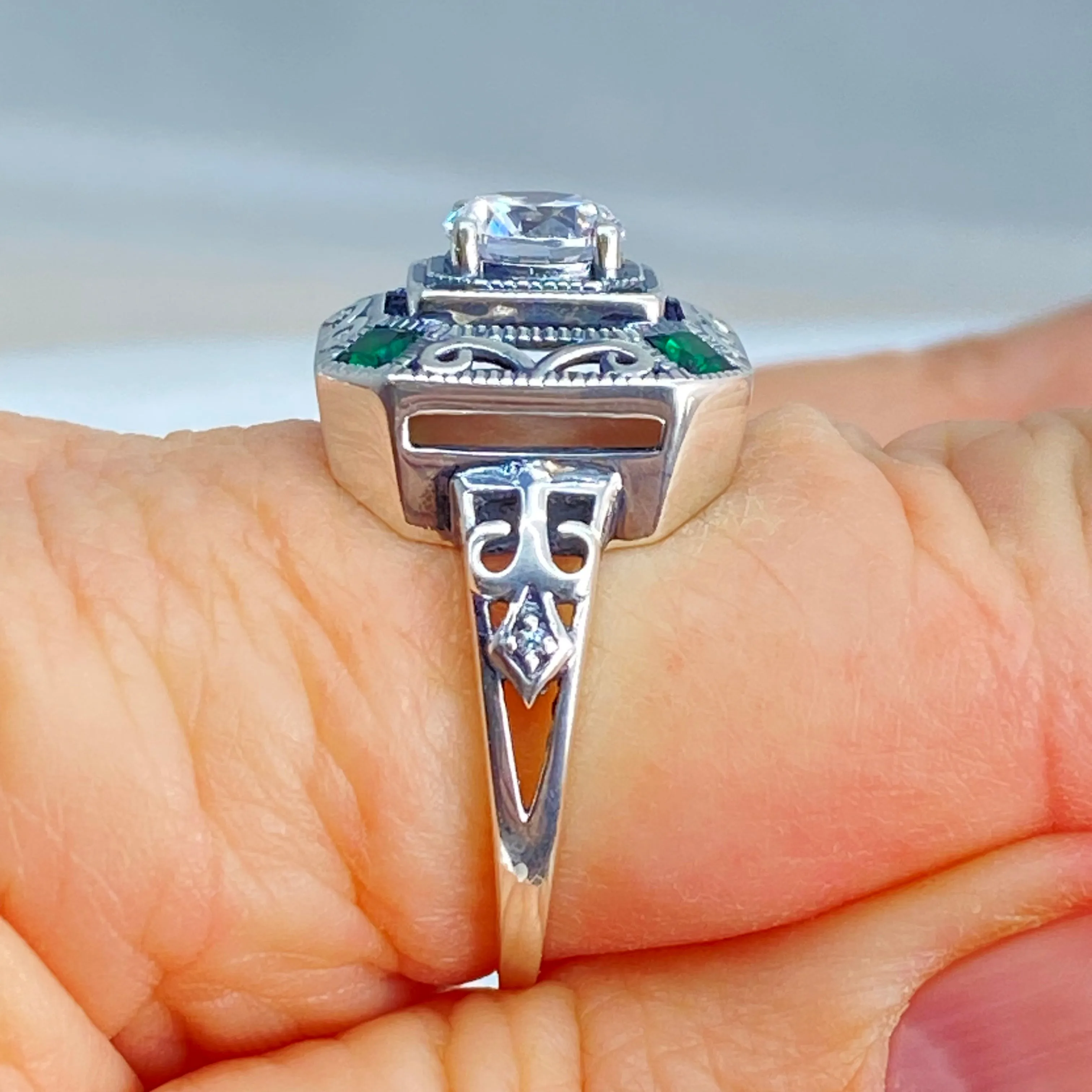 White CZ & Emerald Art Deco Ring, Size 9.5, Vintage Revival Jewelry #D68 - Ready to Ship