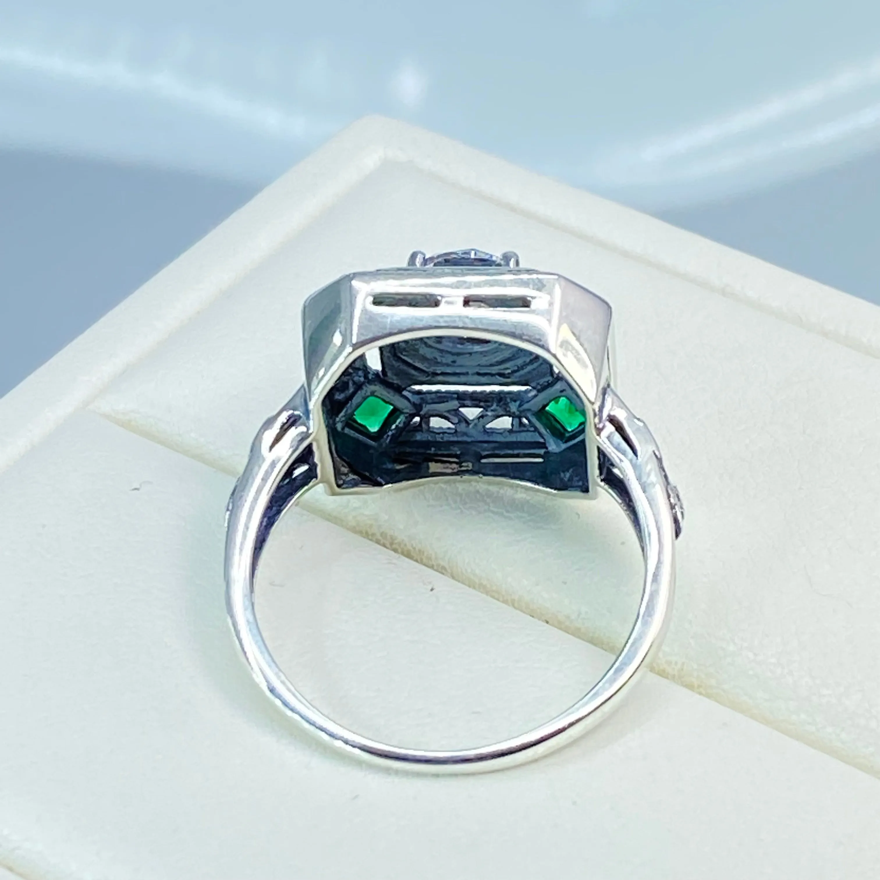 White CZ & Emerald Art Deco Ring, Size 9.5, Vintage Revival Jewelry #D68 - Ready to Ship