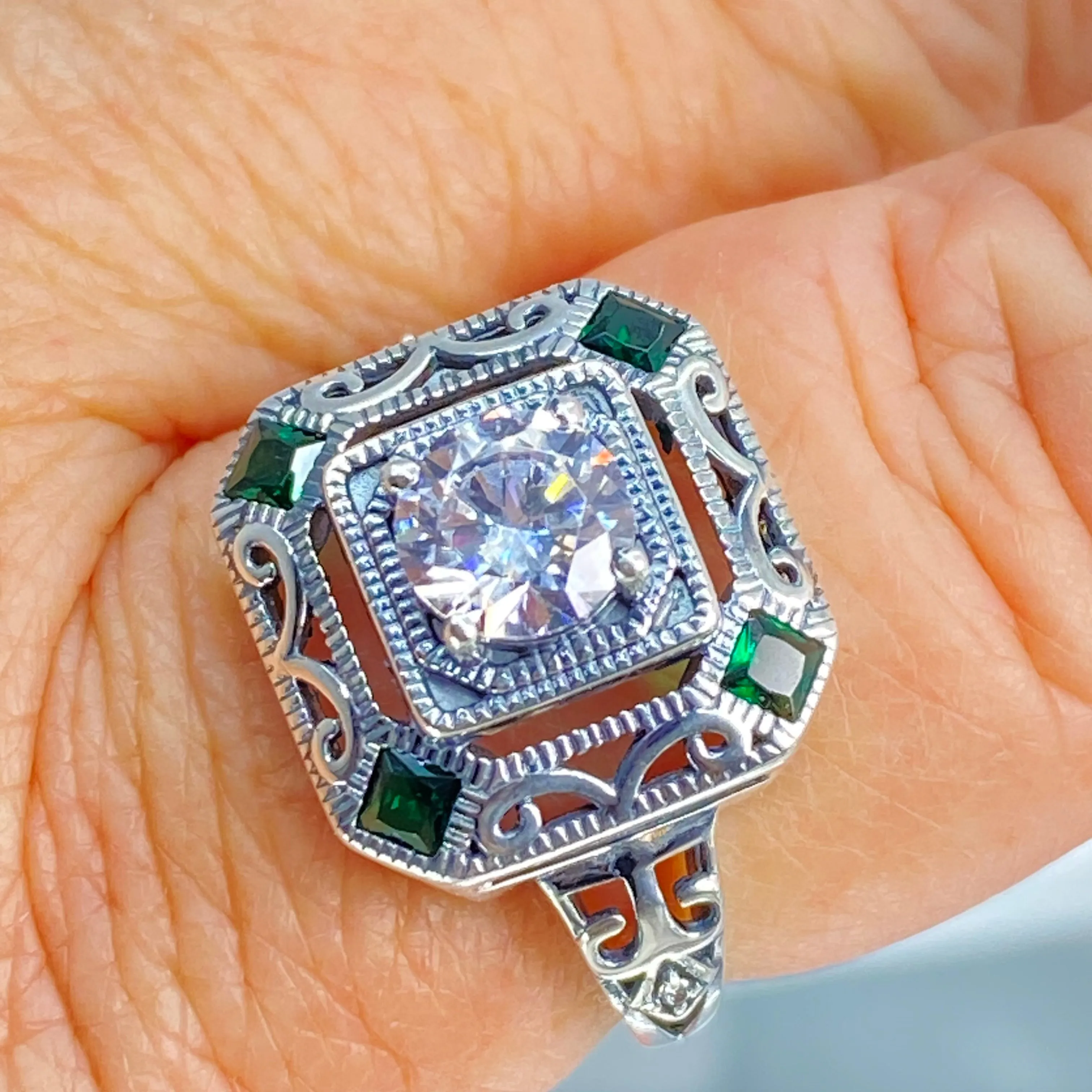 White CZ & Emerald Art Deco Ring, Size 9.5, Vintage Revival Jewelry #D68 - Ready to Ship