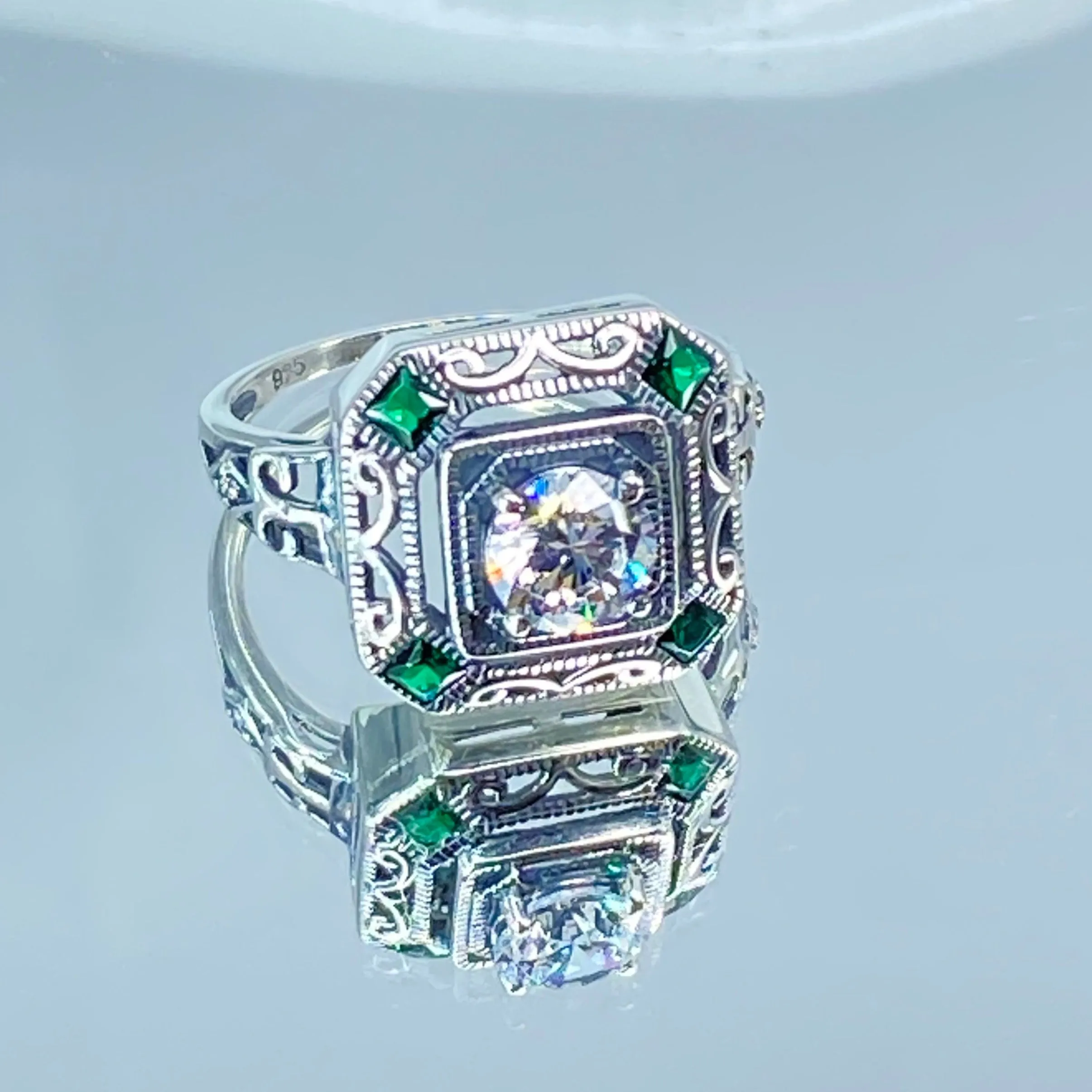 White CZ & Emerald Art Deco Ring, Size 9.5, Vintage Revival Jewelry #D68 - Ready to Ship