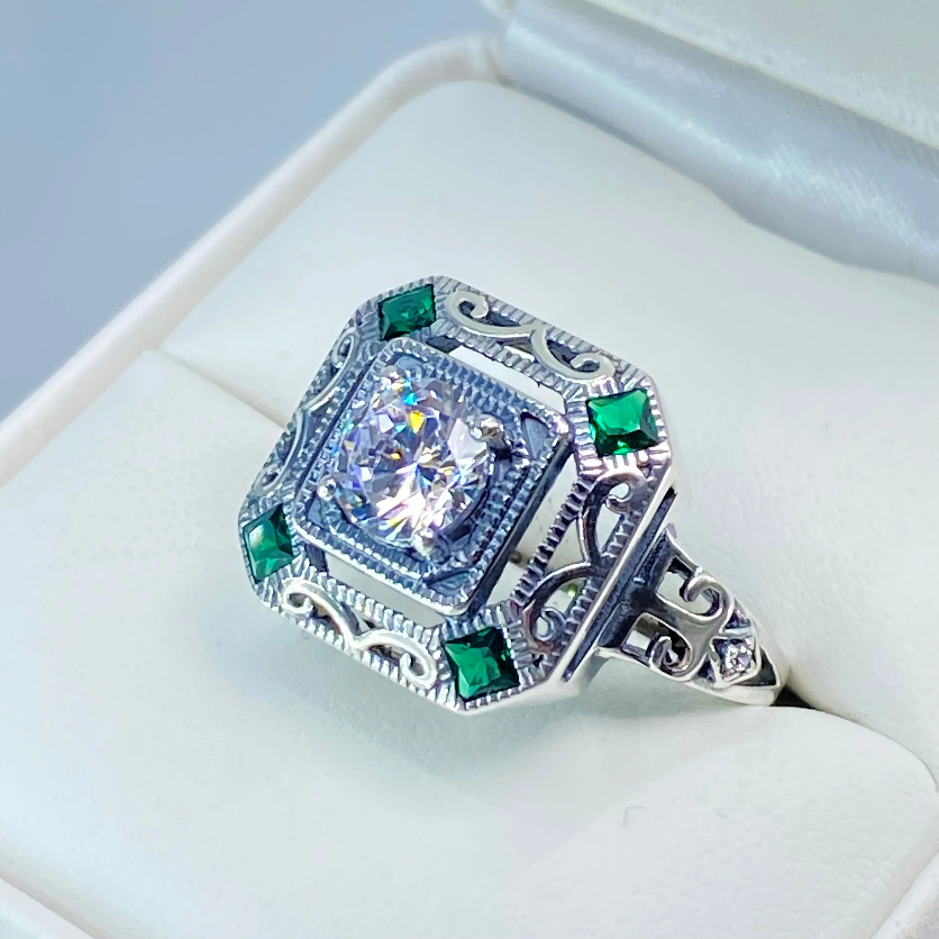 White CZ & Emerald Art Deco Ring, Size 9.5, Vintage Revival Jewelry #D68 - Ready to Ship