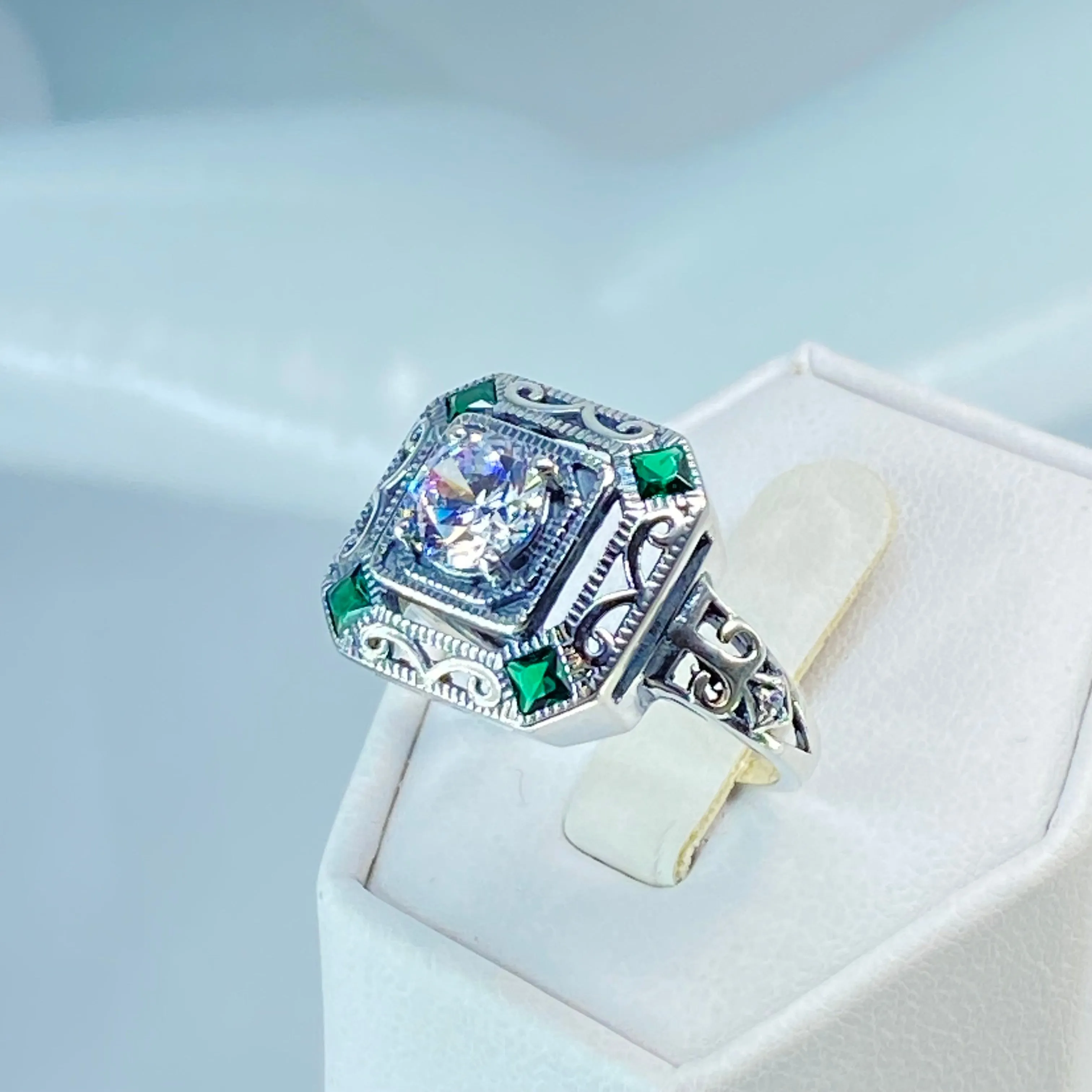 White CZ & Emerald Art Deco Ring, Size 9.5, Vintage Revival Jewelry #D68 - Ready to Ship