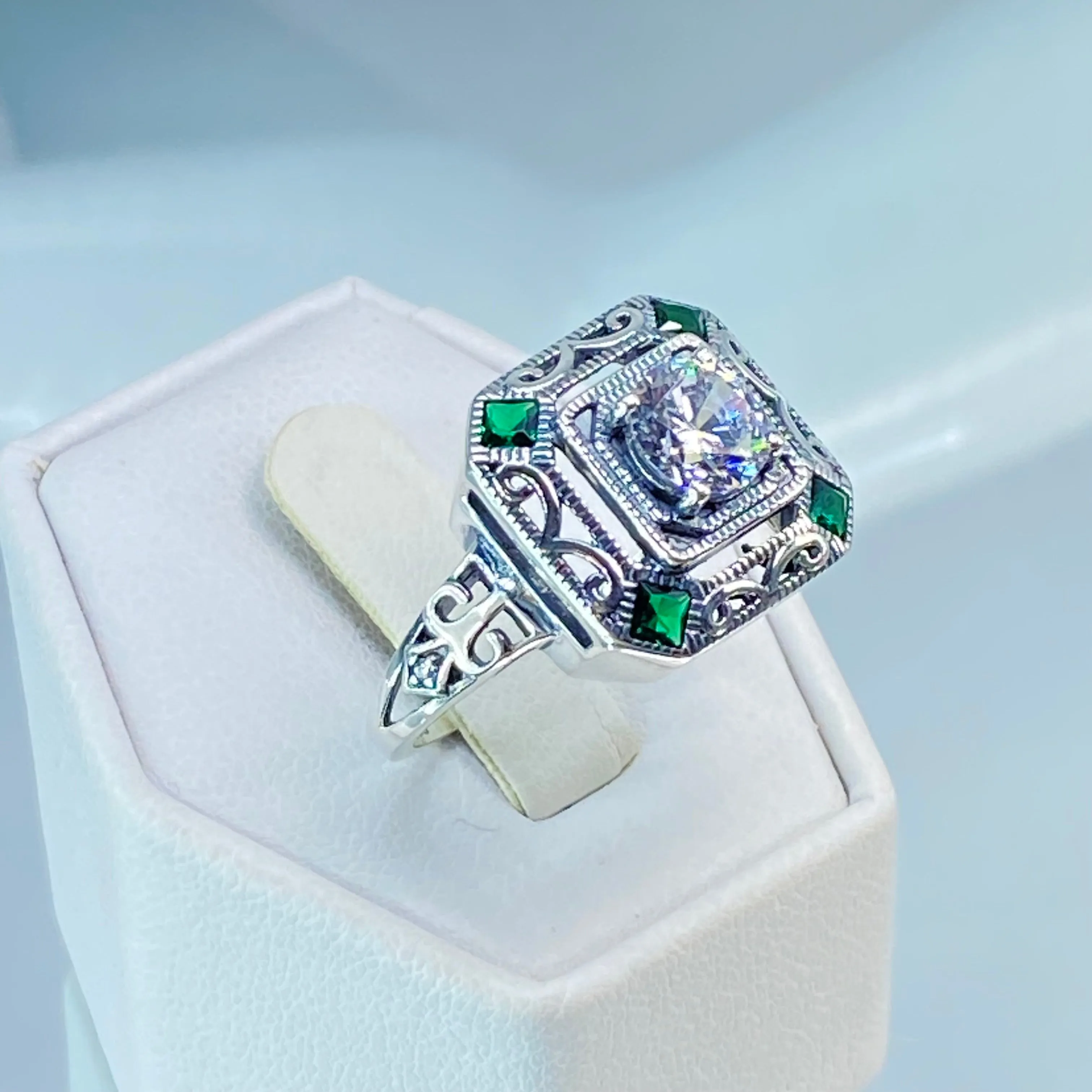 White CZ & Emerald Art Deco Ring, Size 9.5, Vintage Revival Jewelry #D68 - Ready to Ship