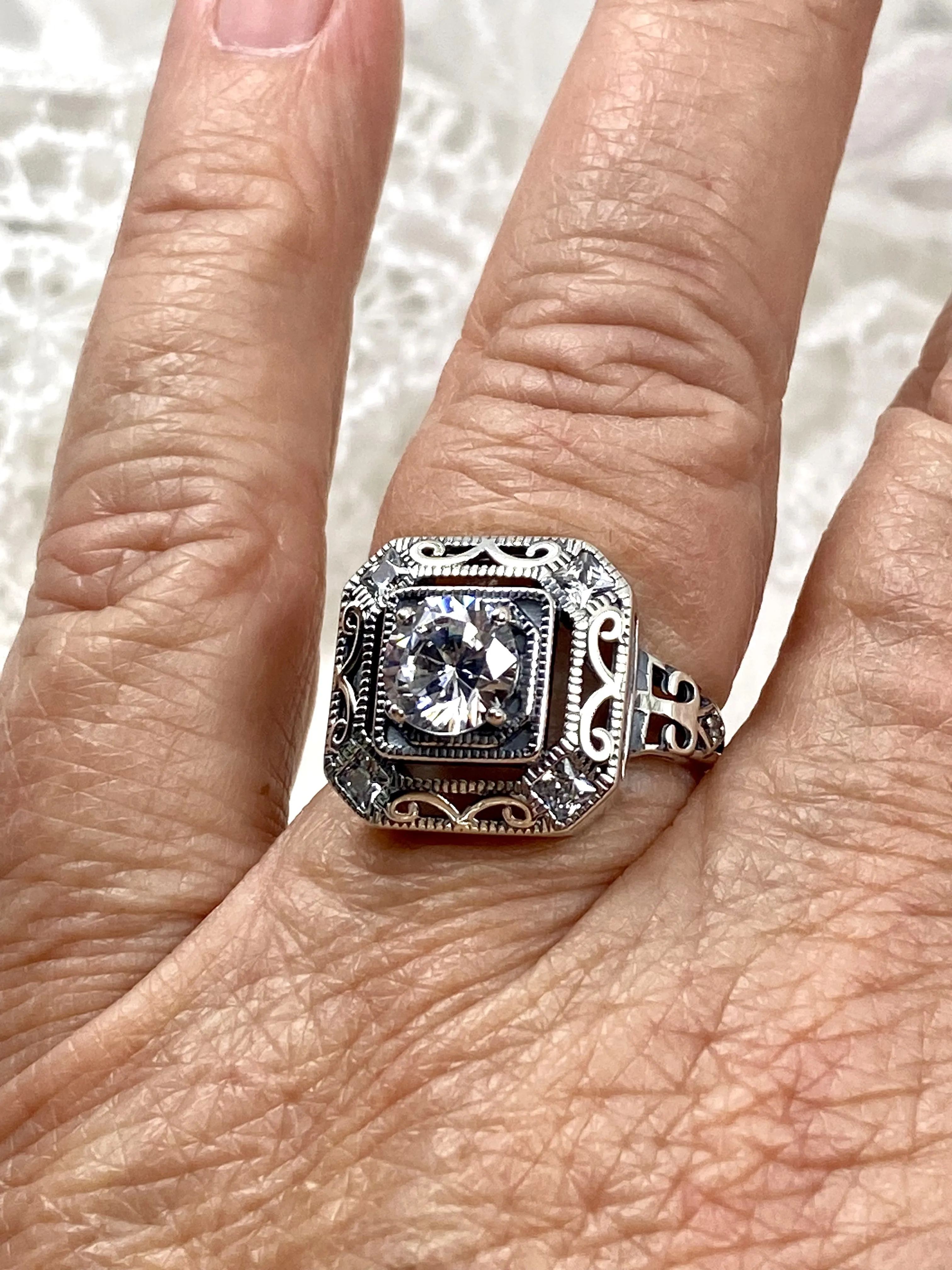 White CZ Art Deco Ring, Size 7.5, Faux Diamond 1930's Revival Jewelry #D68 - Ready to Ship