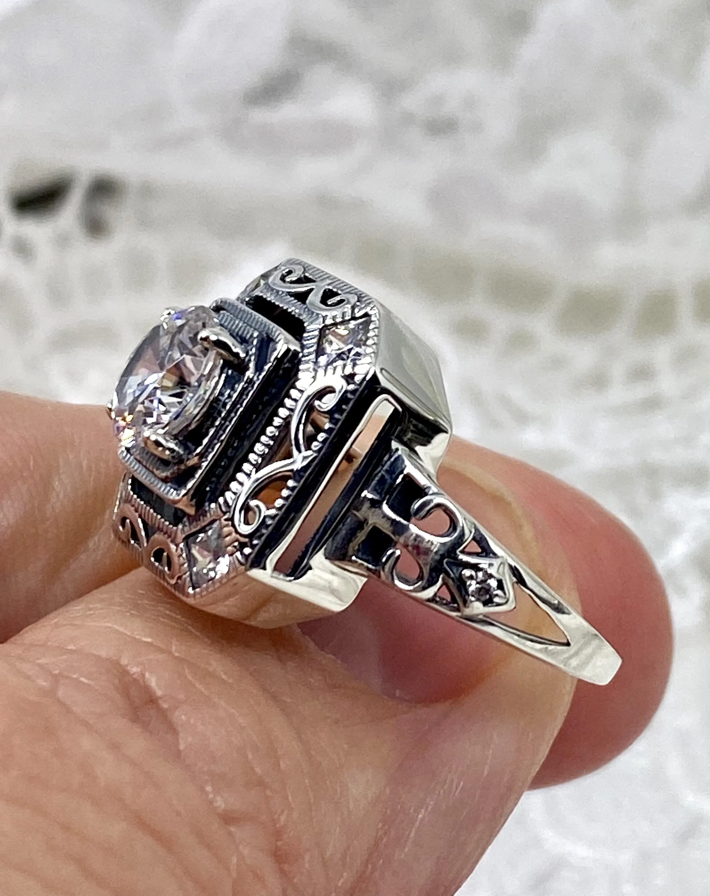 White CZ Art Deco Ring, Size 7.5, Faux Diamond 1930's Revival Jewelry #D68 - Ready to Ship