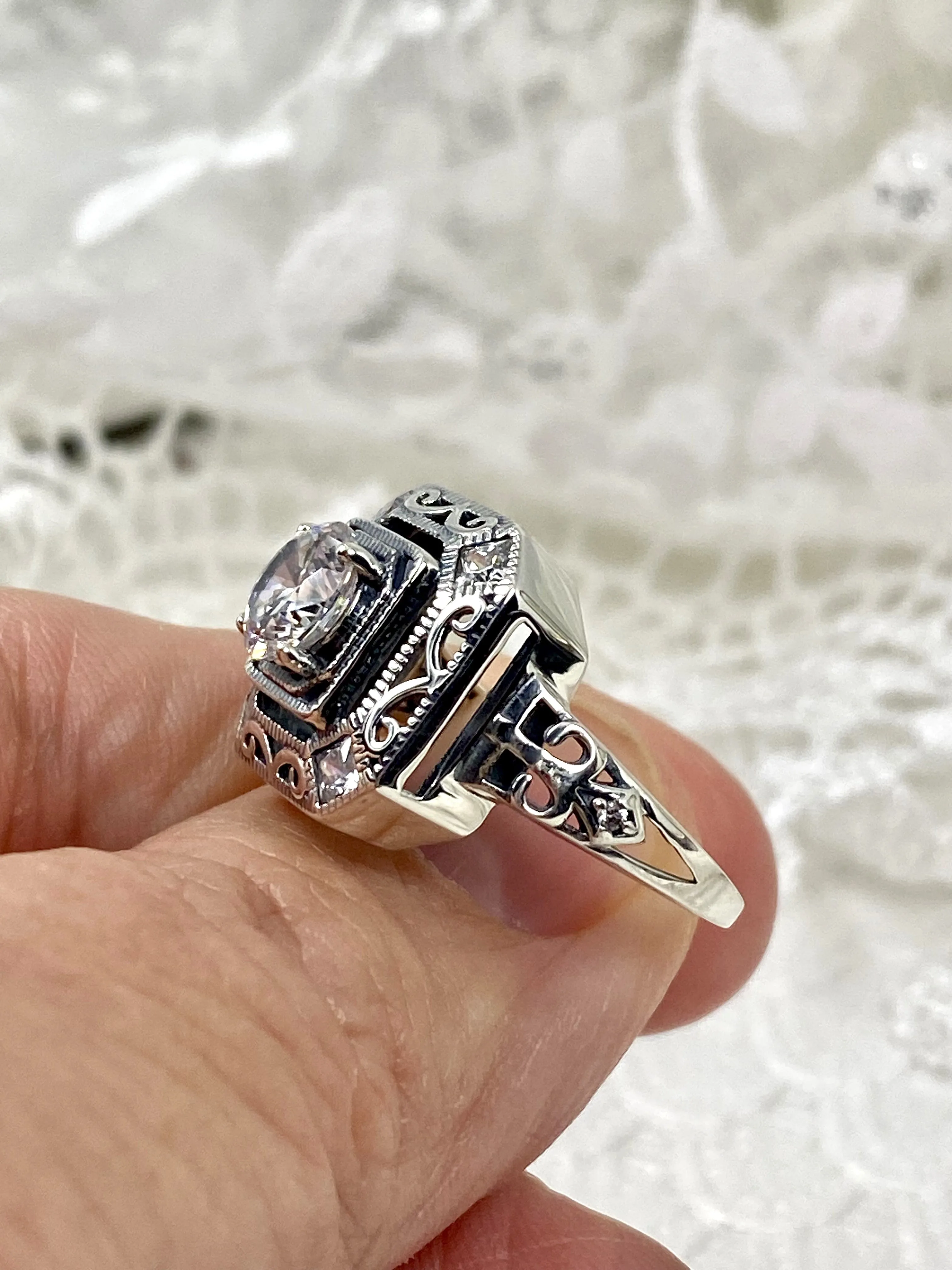 White CZ Art Deco Ring, Size 7.5, Faux Diamond 1930's Revival Jewelry #D68 - Ready to Ship