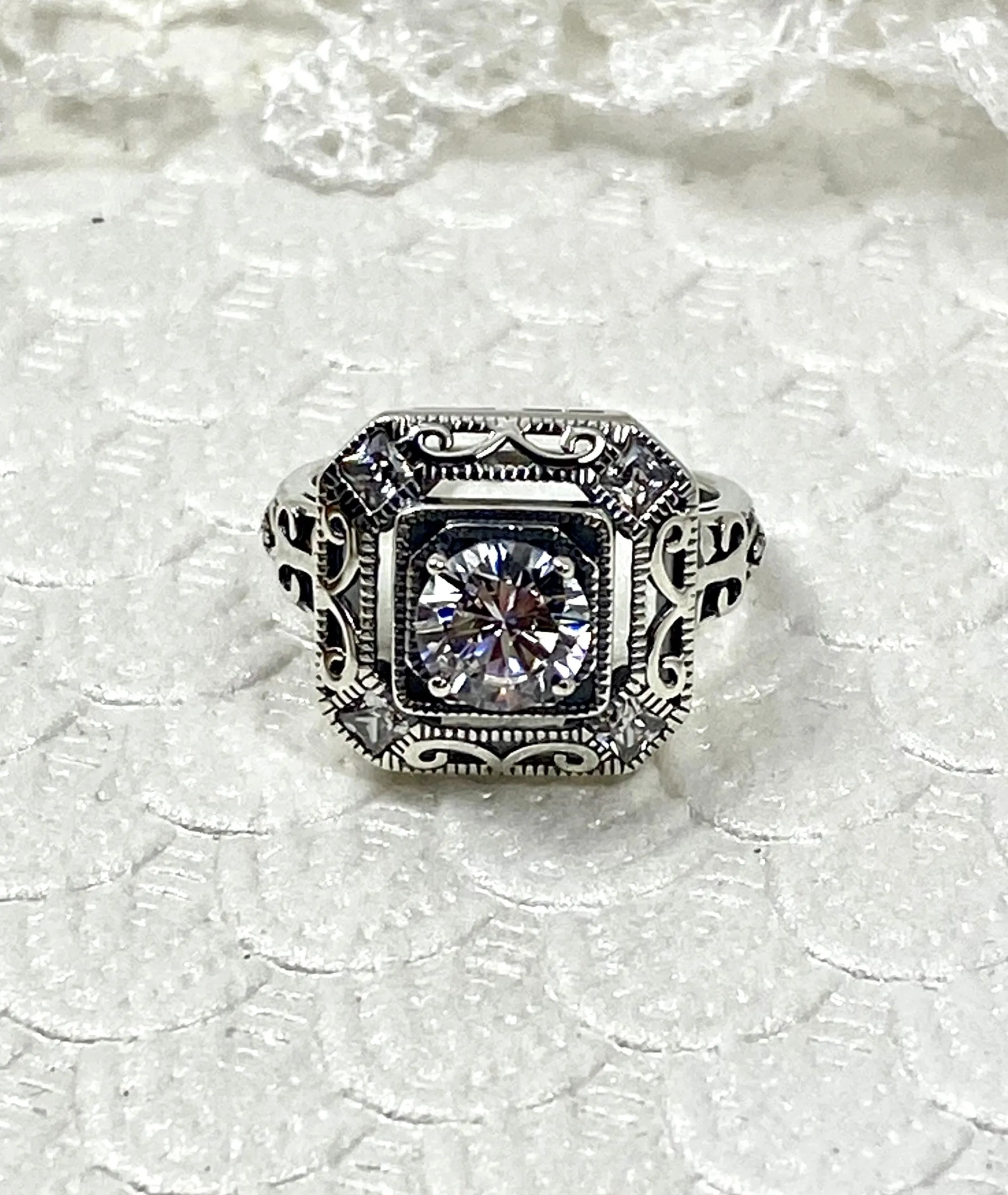 White CZ Art Deco Ring, Size 7.5, Faux Diamond 1930's Revival Jewelry #D68 - Ready to Ship