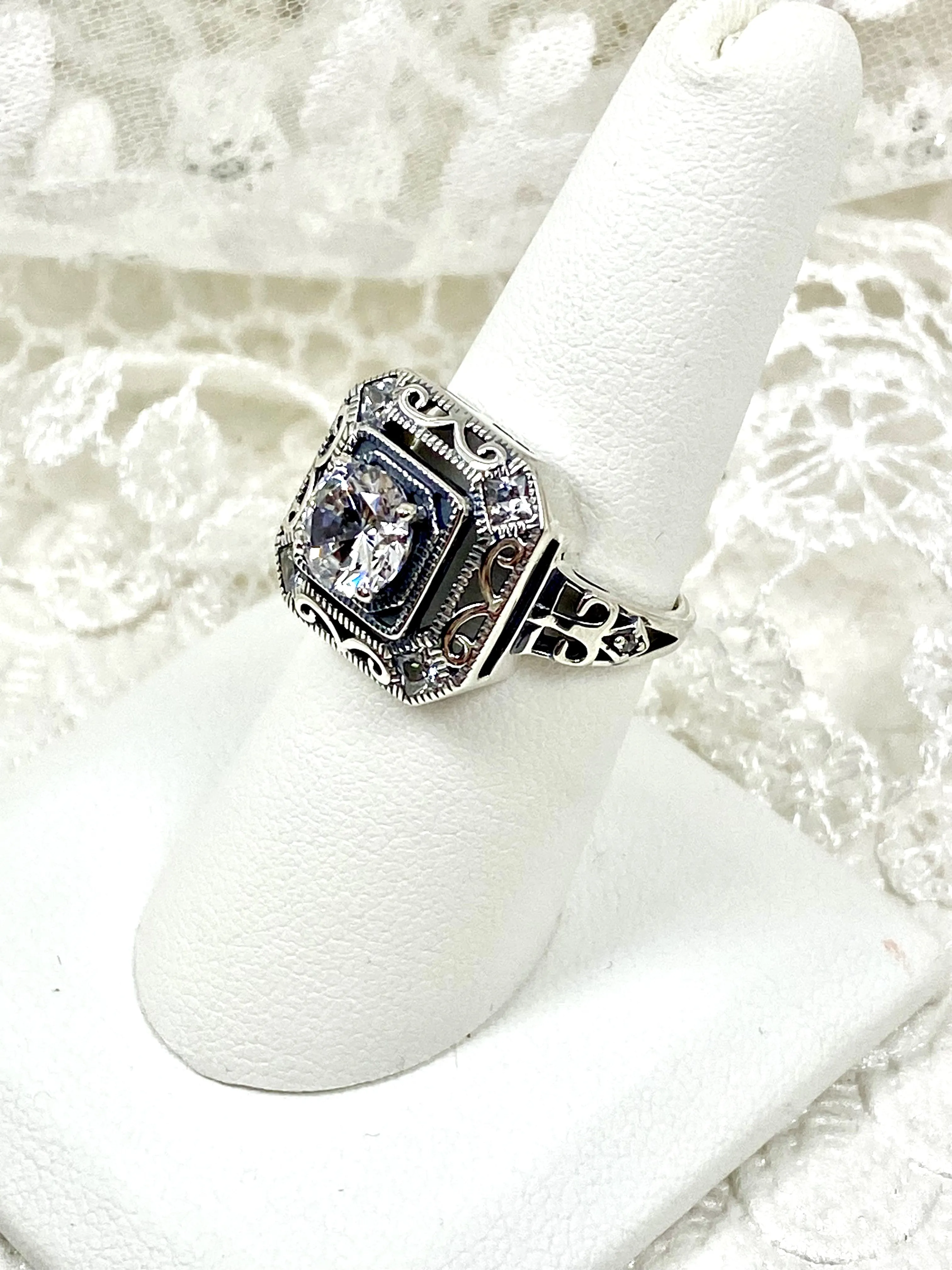 White CZ Art Deco Ring, Size 7.5, Faux Diamond 1930's Revival Jewelry #D68 - Ready to Ship