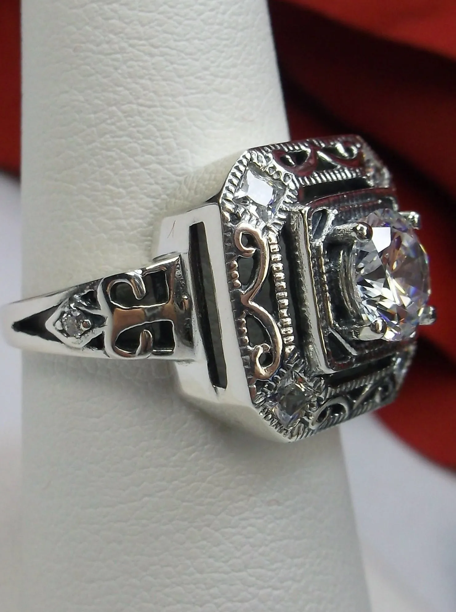White CZ Art Deco Ring, Size 7.5, Faux Diamond 1930's Revival Jewelry #D68 - Ready to Ship