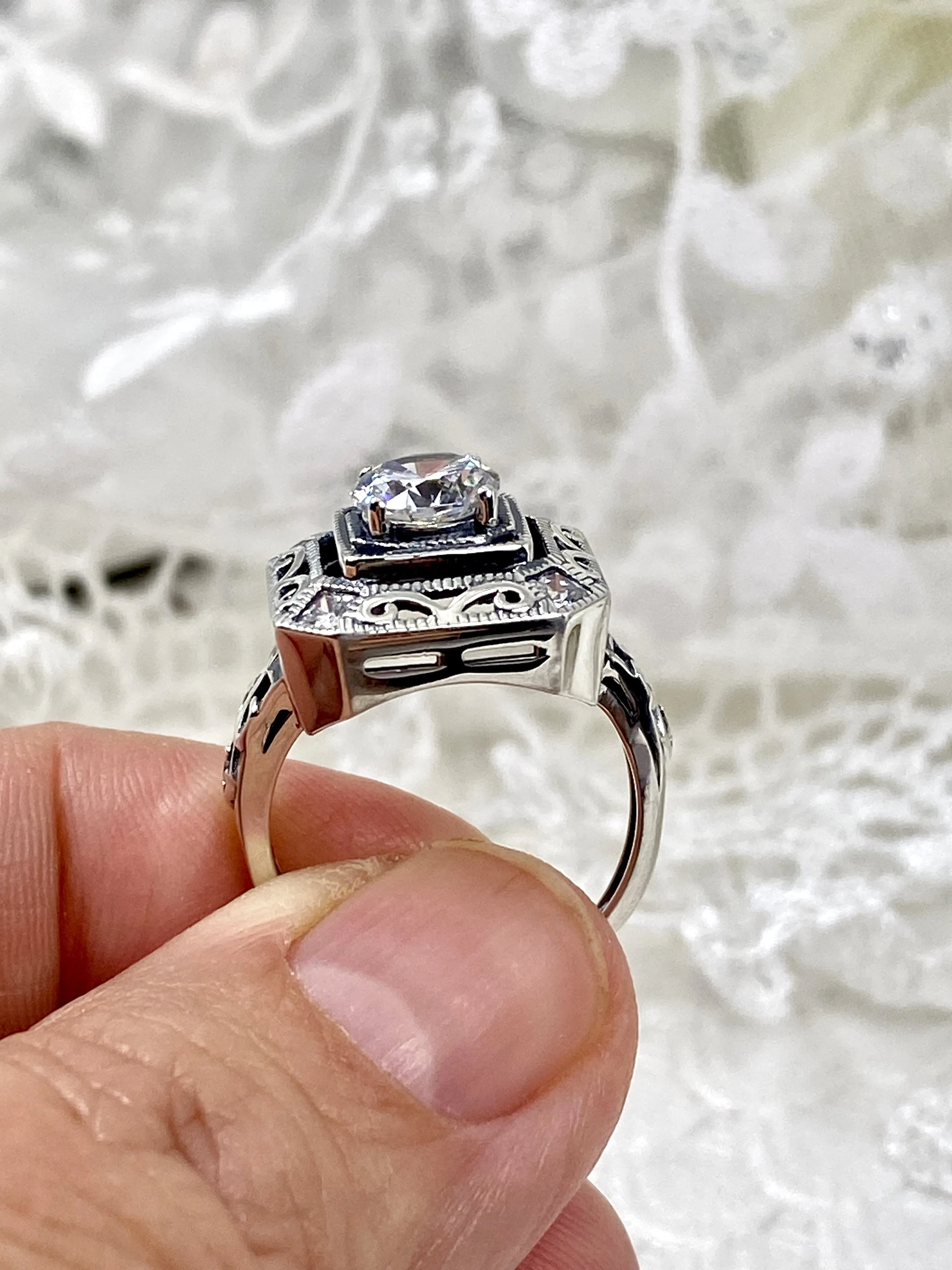 White CZ Art Deco Ring, Size 7.5, Faux Diamond 1930's Revival Jewelry #D68 - Ready to Ship