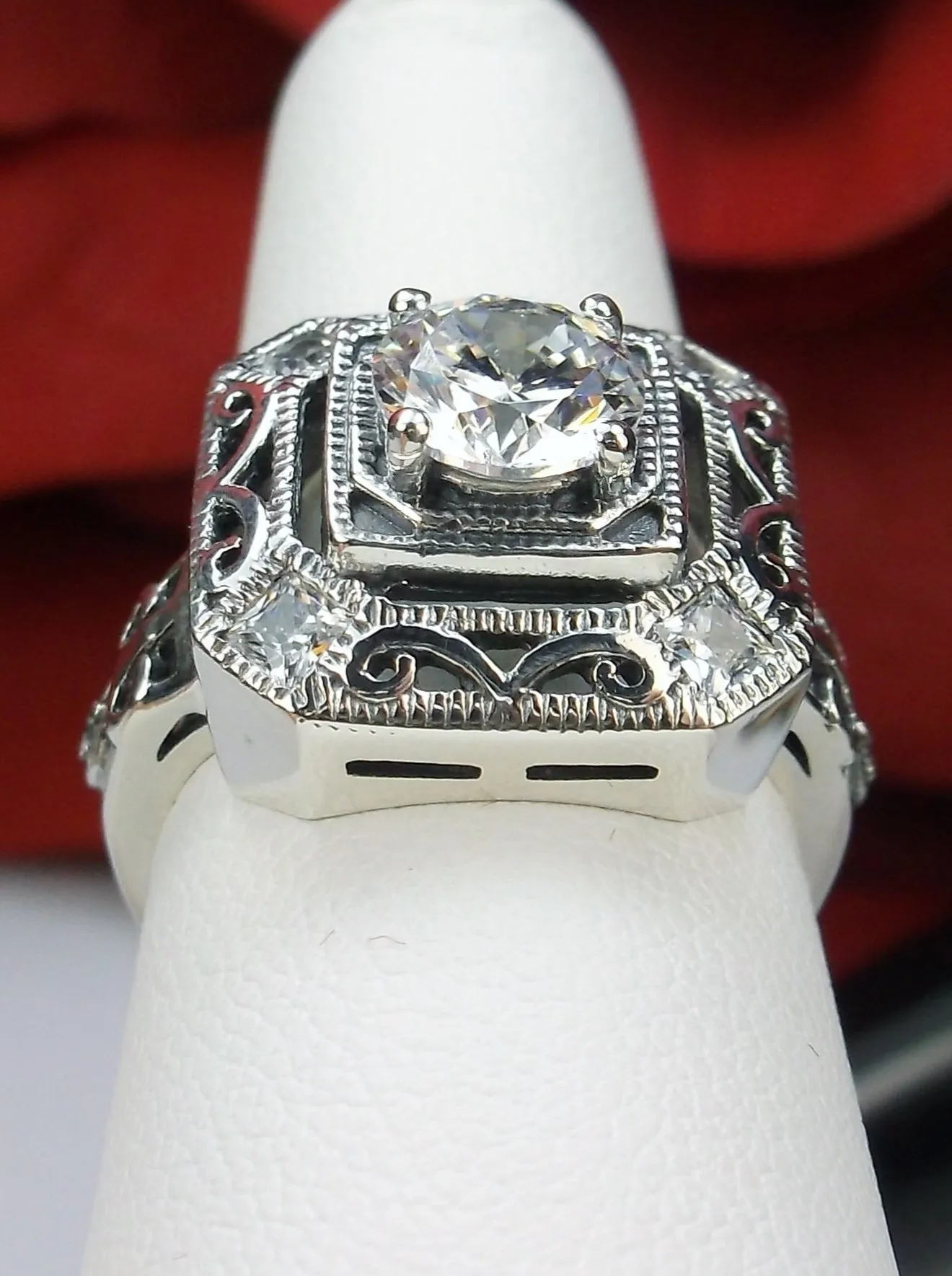 White CZ Art Deco Ring, Size 7.5, Faux Diamond 1930's Revival Jewelry #D68 - Ready to Ship