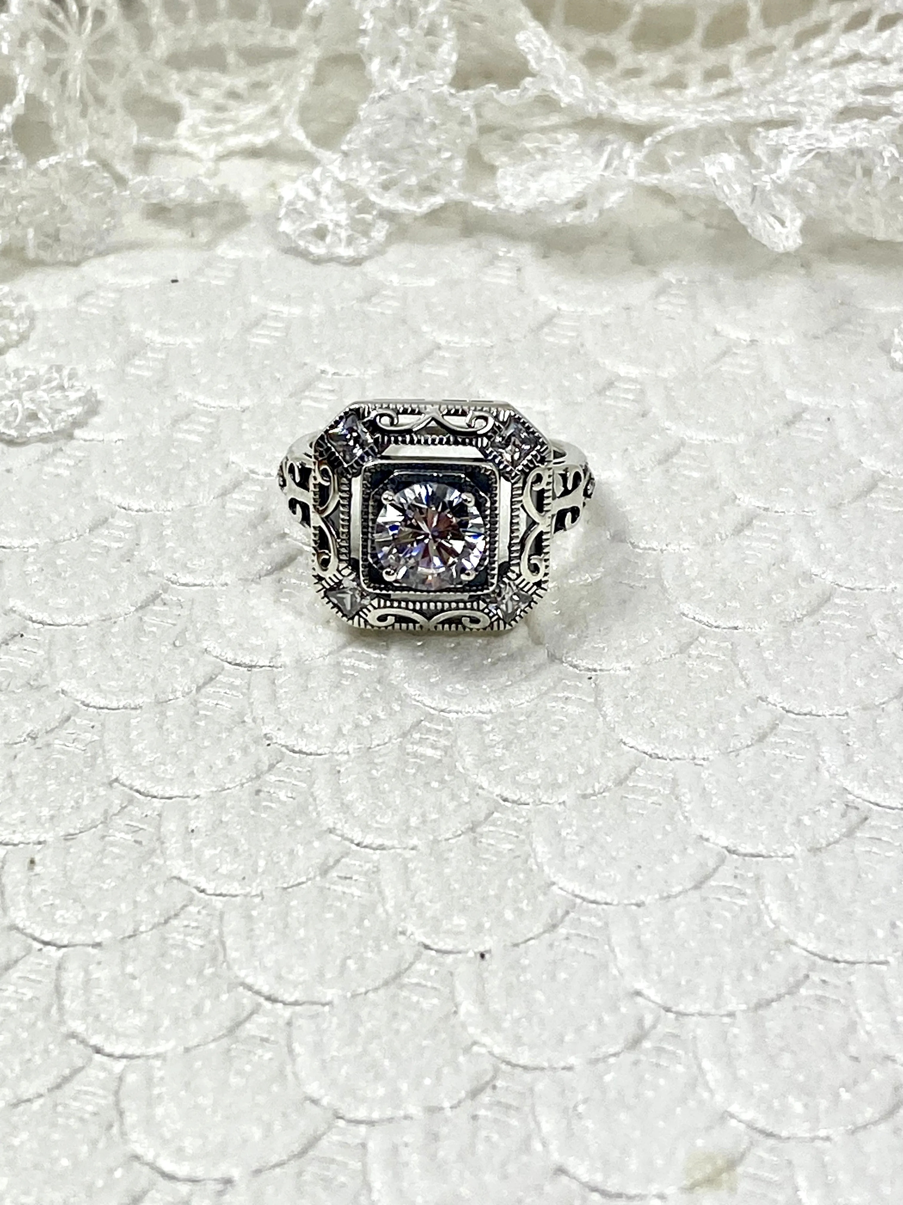 White CZ Art Deco Ring, Size 7.5, Faux Diamond 1930's Revival Jewelry #D68 - Ready to Ship