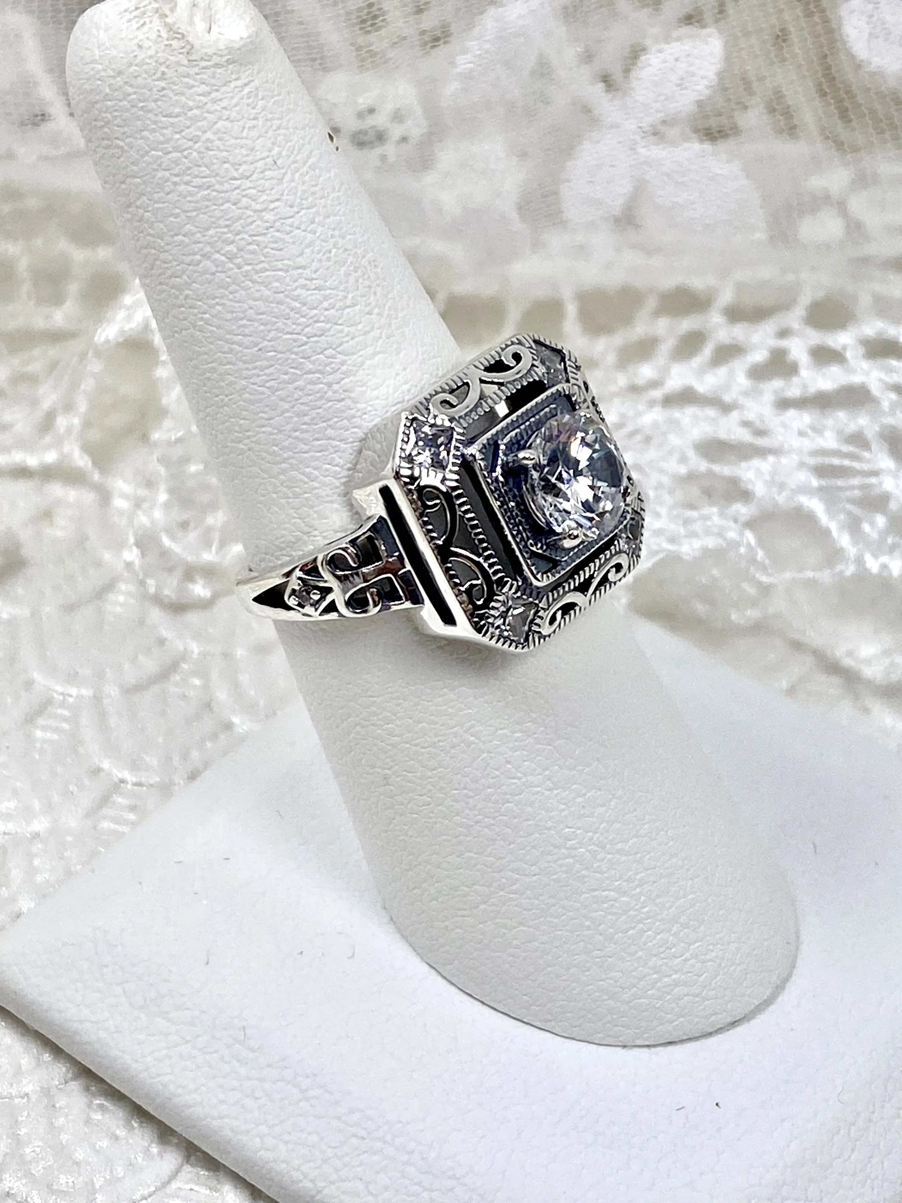 White CZ Art Deco Ring, Size 7.5, Faux Diamond 1930's Revival Jewelry #D68 - Ready to Ship