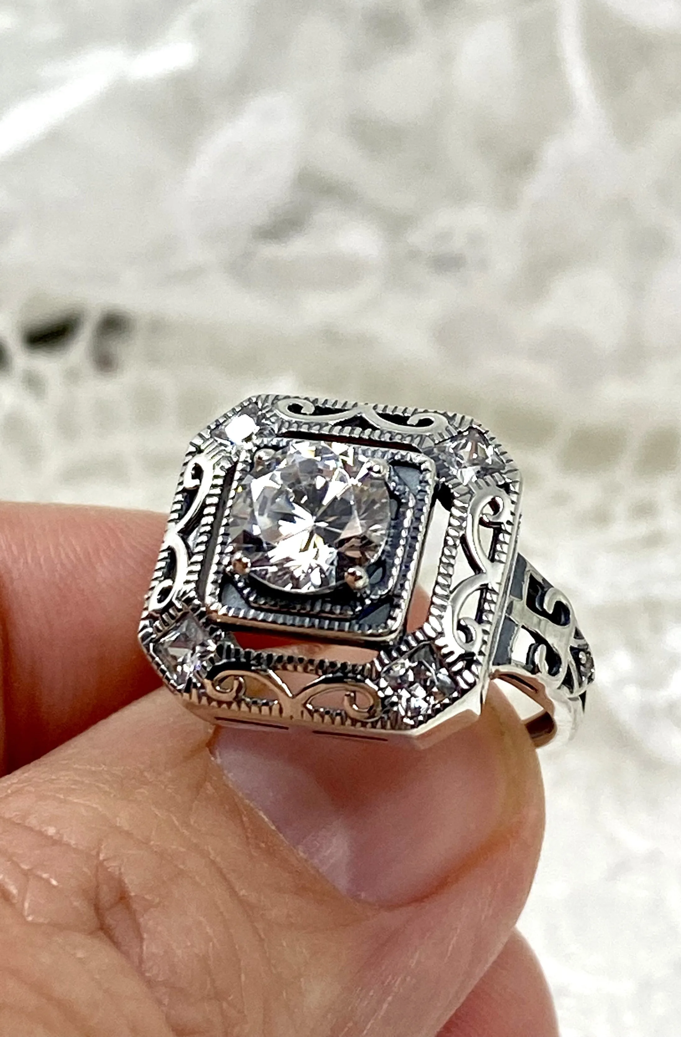 White CZ Art Deco Ring, Size 7.5, Faux Diamond 1930's Revival Jewelry #D68 - Ready to Ship