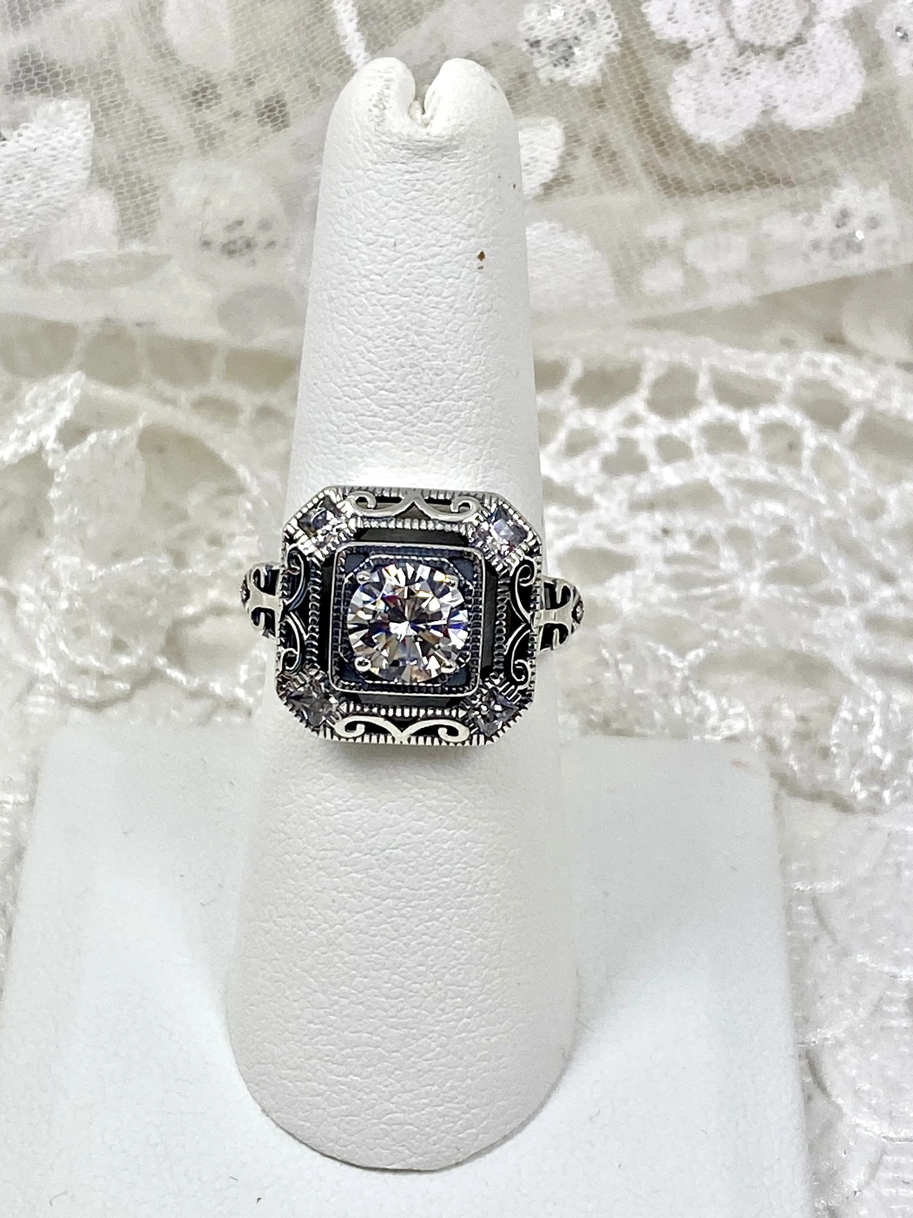 White CZ Art Deco Ring, Size 7.5, Faux Diamond 1930's Revival Jewelry #D68 - Ready to Ship