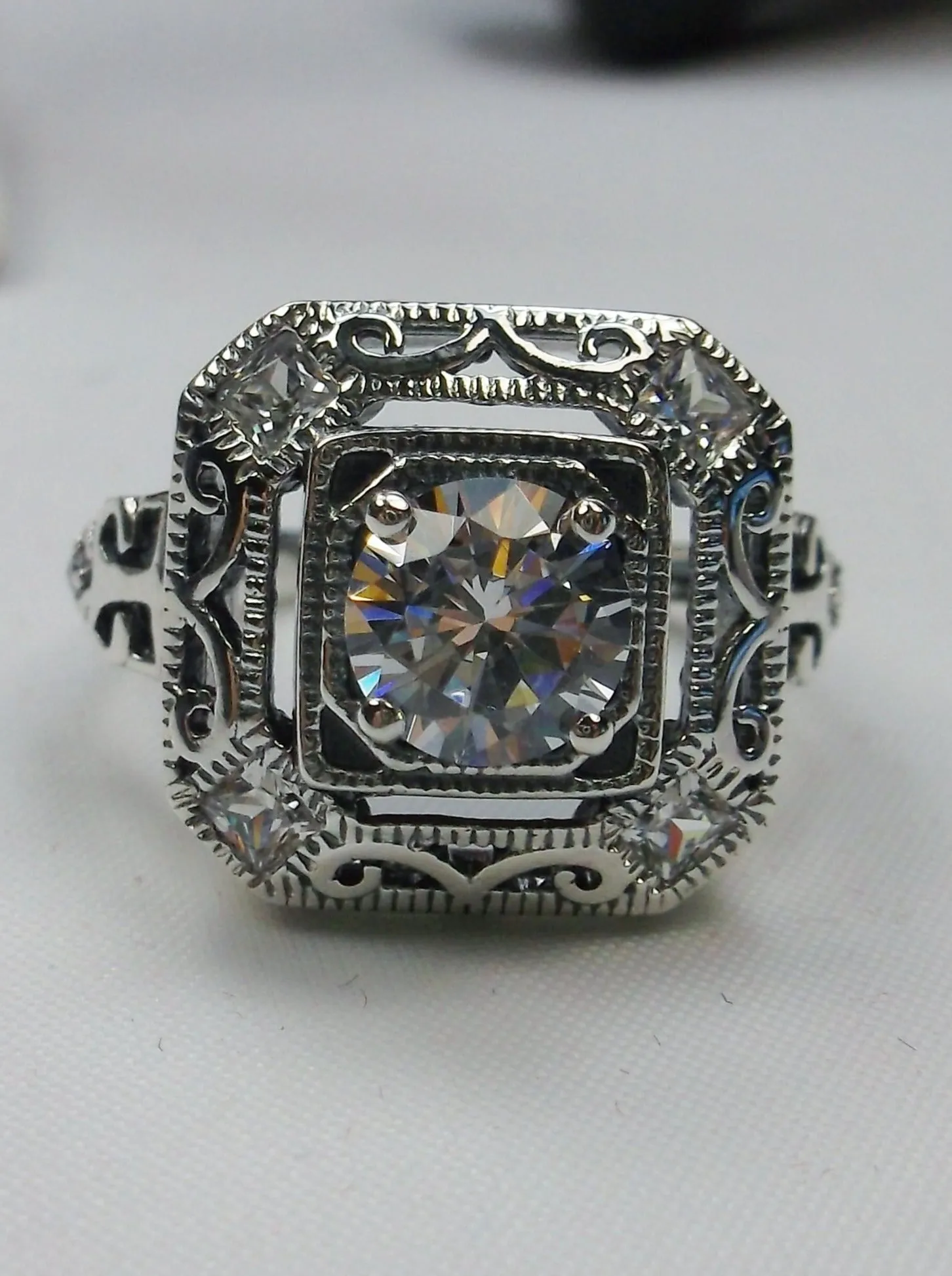 White CZ Art Deco Ring, Size 8.5, Faux Diamond 1930's Revival Jewelry #D68 - Ready to Ship