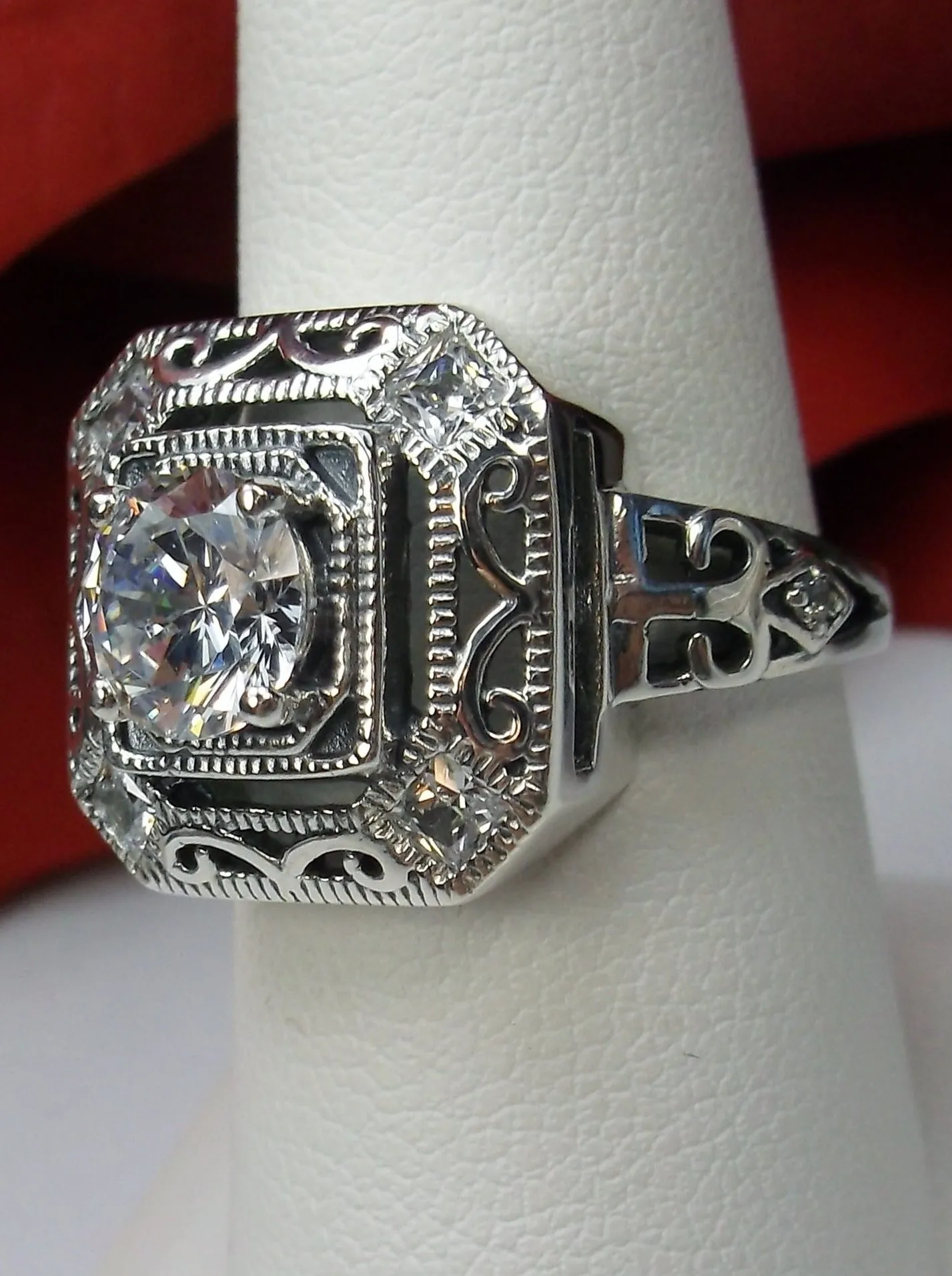 White CZ Art Deco Ring, Size 8.5, Faux Diamond 1930's Revival Jewelry #D68 - Ready to Ship