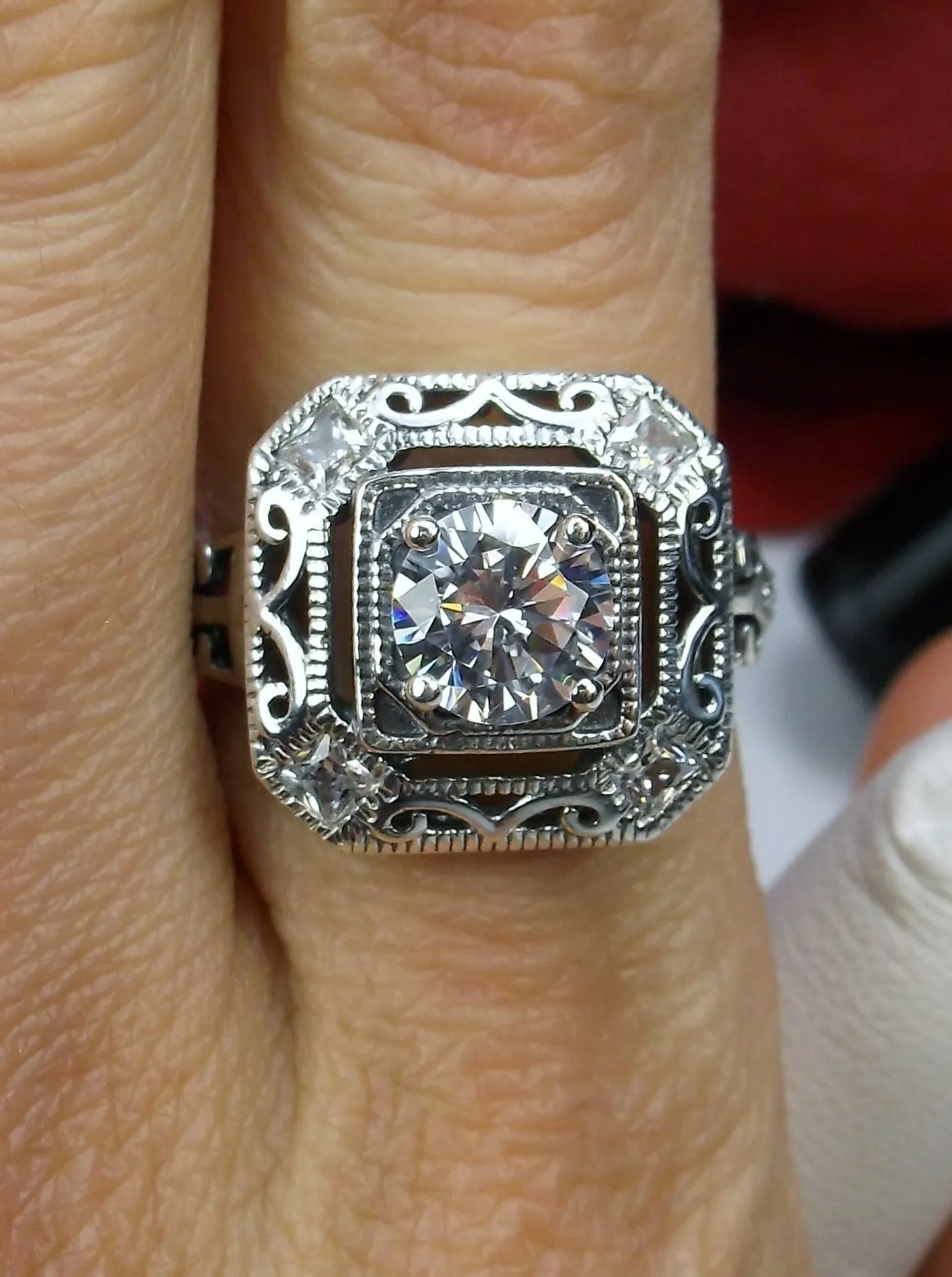 White CZ Art Deco Ring, Size 8.5, Faux Diamond 1930's Revival Jewelry #D68 - Ready to Ship
