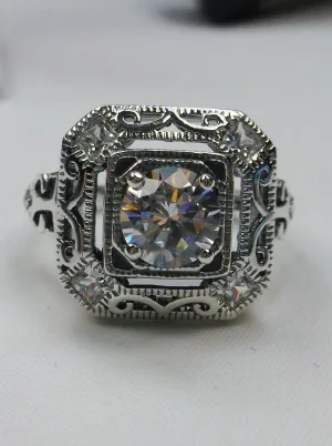 White CZ Art Deco Ring, Size 8.5, Faux Diamond 1930's Revival Jewelry #D68 - Ready to Ship