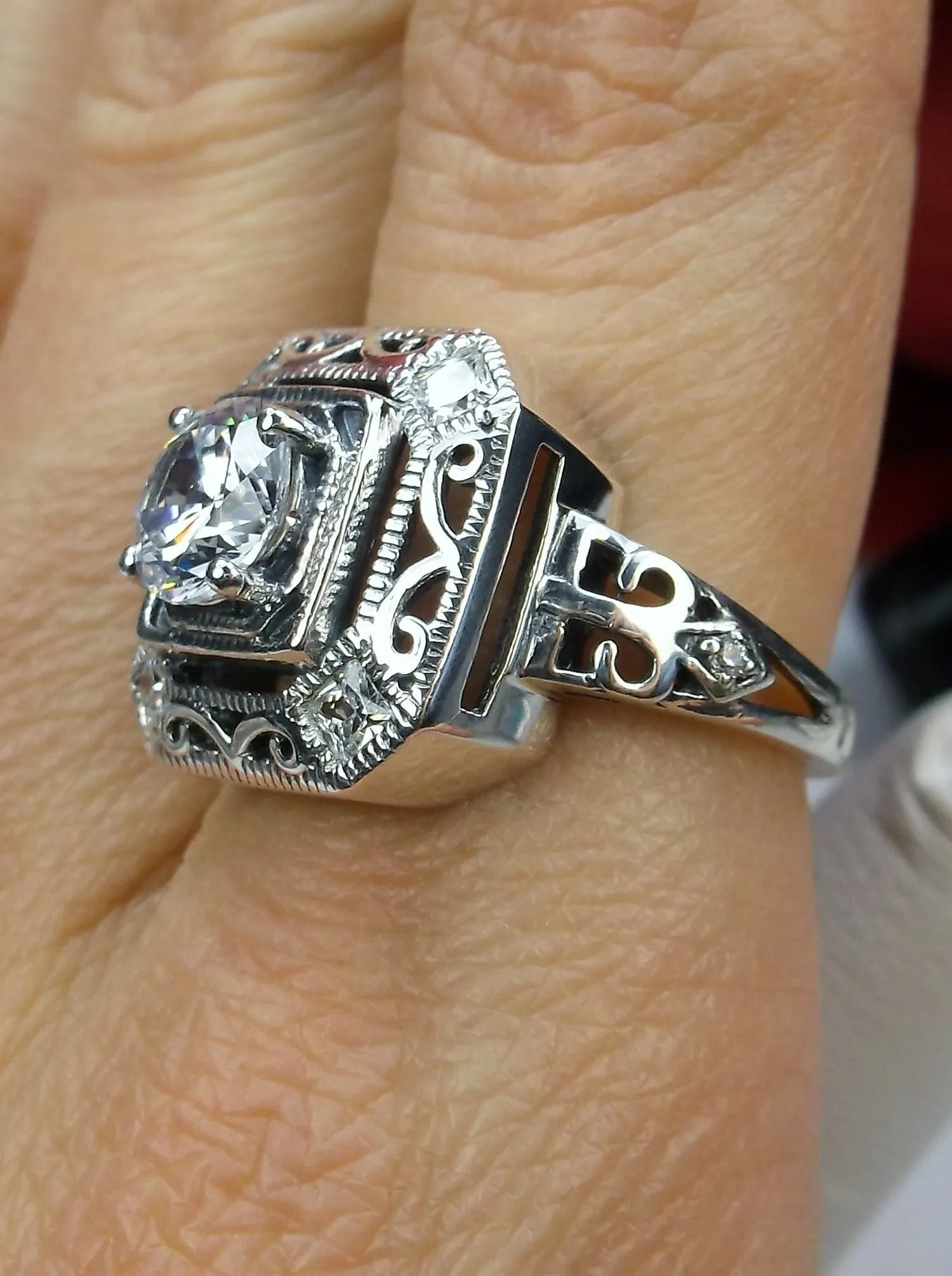 White CZ Art Deco Ring, Size 8.5, Faux Diamond 1930's Revival Jewelry #D68 - Ready to Ship