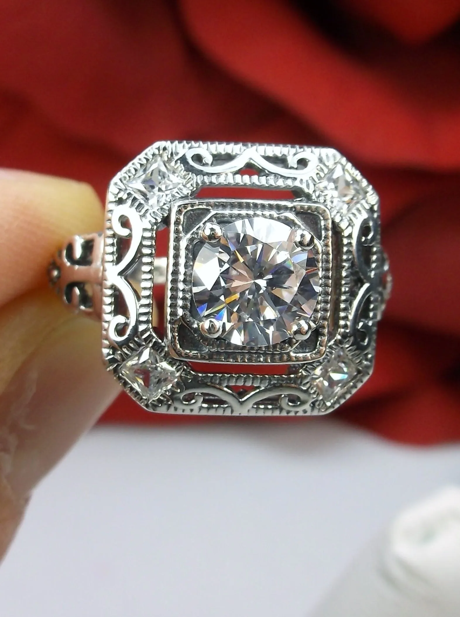 White CZ Art Deco Ring, Size 8.5, Faux Diamond 1930's Revival Jewelry #D68 - Ready to Ship