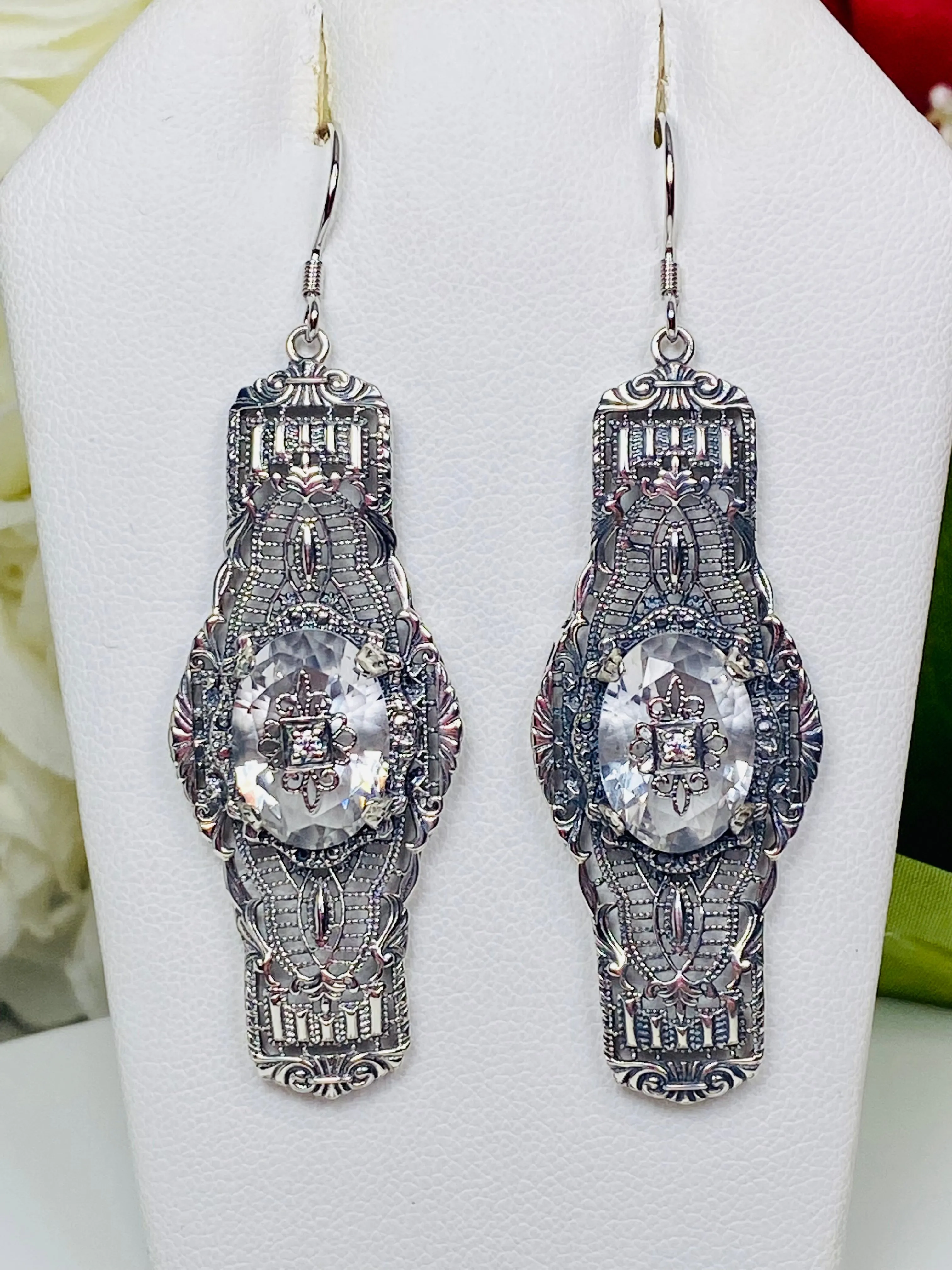 White CZ Earrings, Embellished Gems, Oval Castle, Elegant Vintage Jewelry #E4e