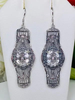 White CZ Earrings, Embellished Gems, Oval Castle, Elegant Vintage Jewelry #E4e