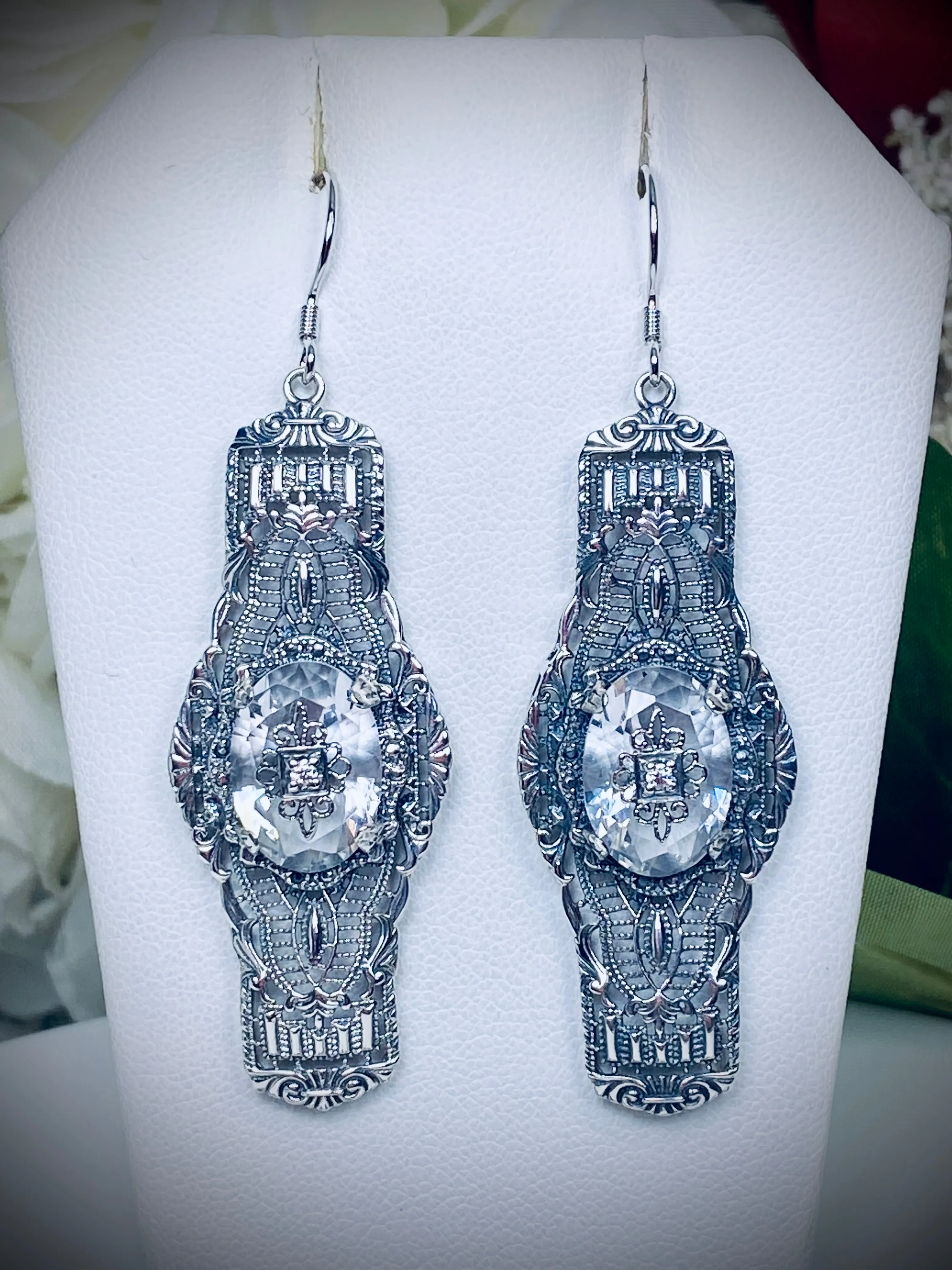 White CZ Earrings, Embellished Gems, Oval Castle, Elegant Vintage Jewelry #E4e